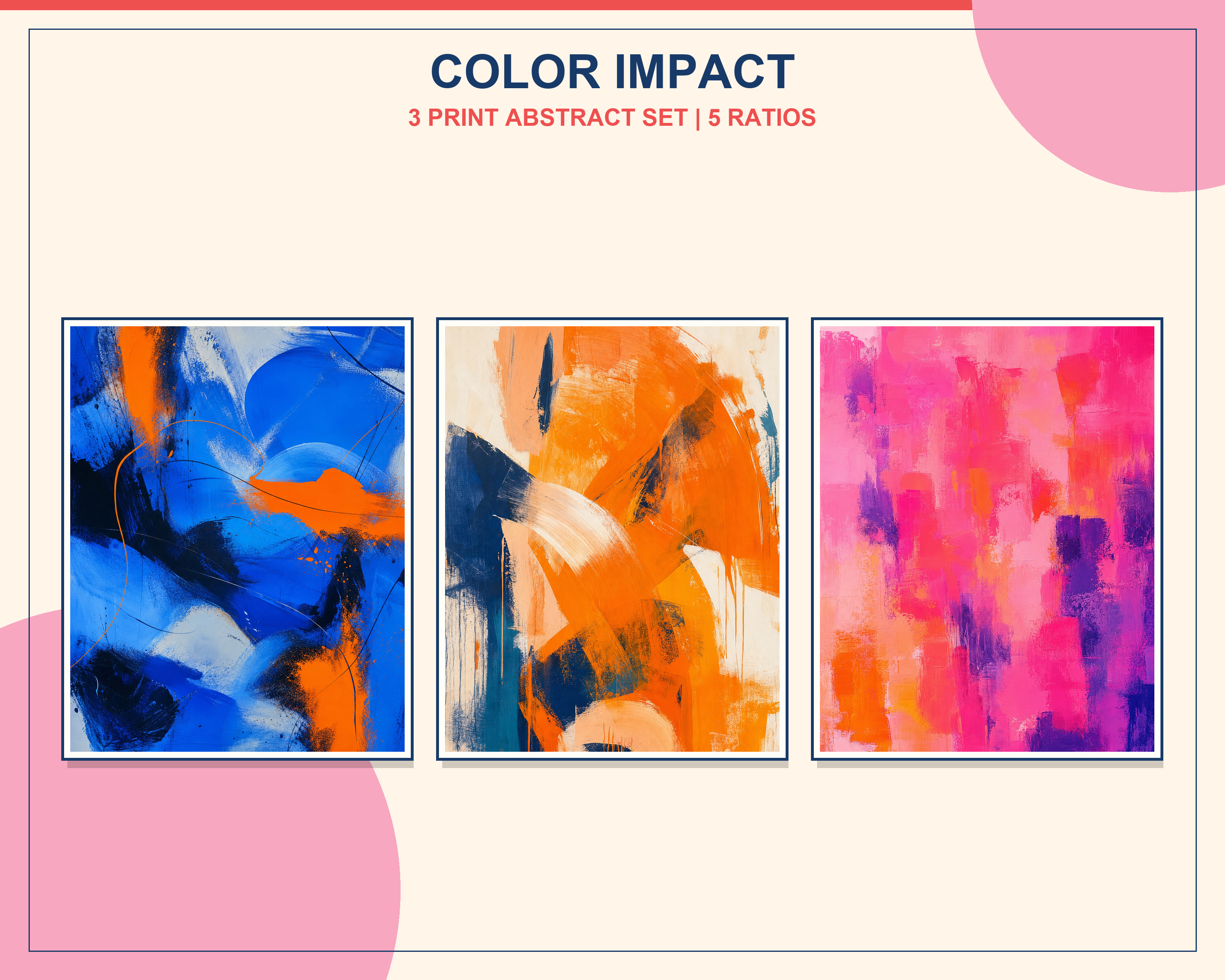 Bright Abstract Statement Art Print Set of 3 shown in exactly three natural oak frames in an angled contemporary living room