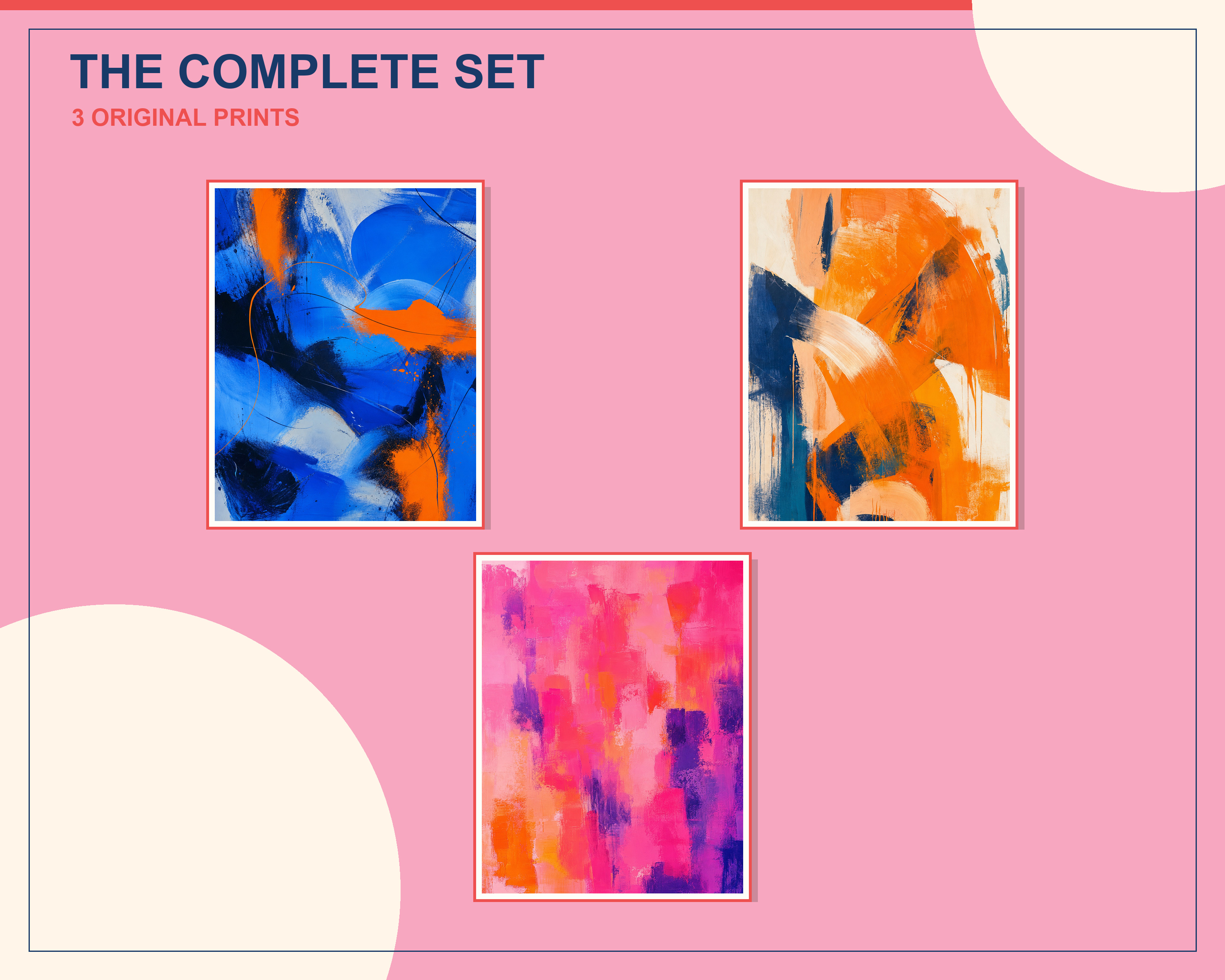 Overlapping preview of all three energetic contemporary abstraction printable artworks