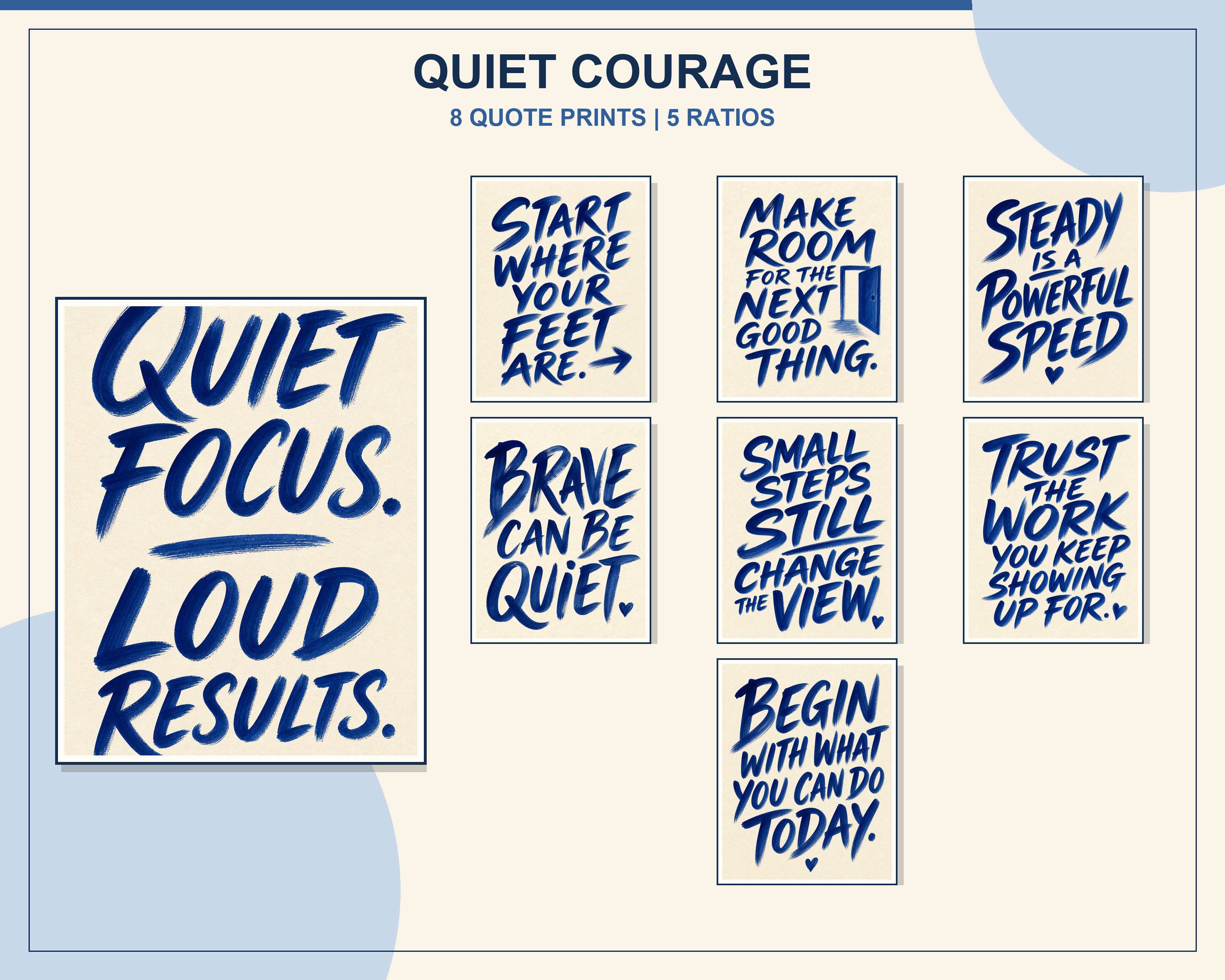 Quiet Courage Navy Quote Prints Set of 8 displayed in three frames in a styled room
