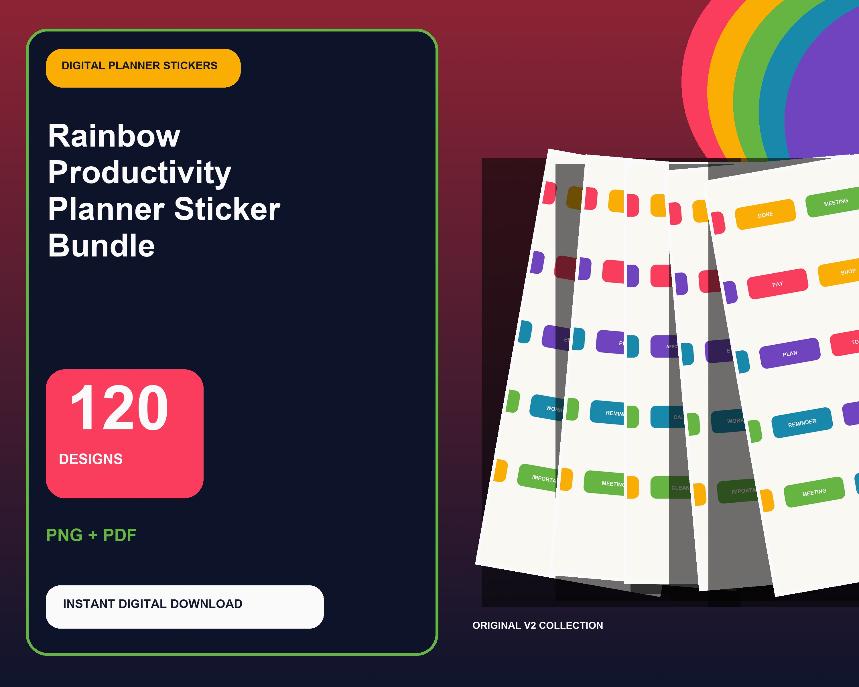 Rainbow Productivity Digital Planner Sticker Bundle - premium digital bundle preview 1 of 10