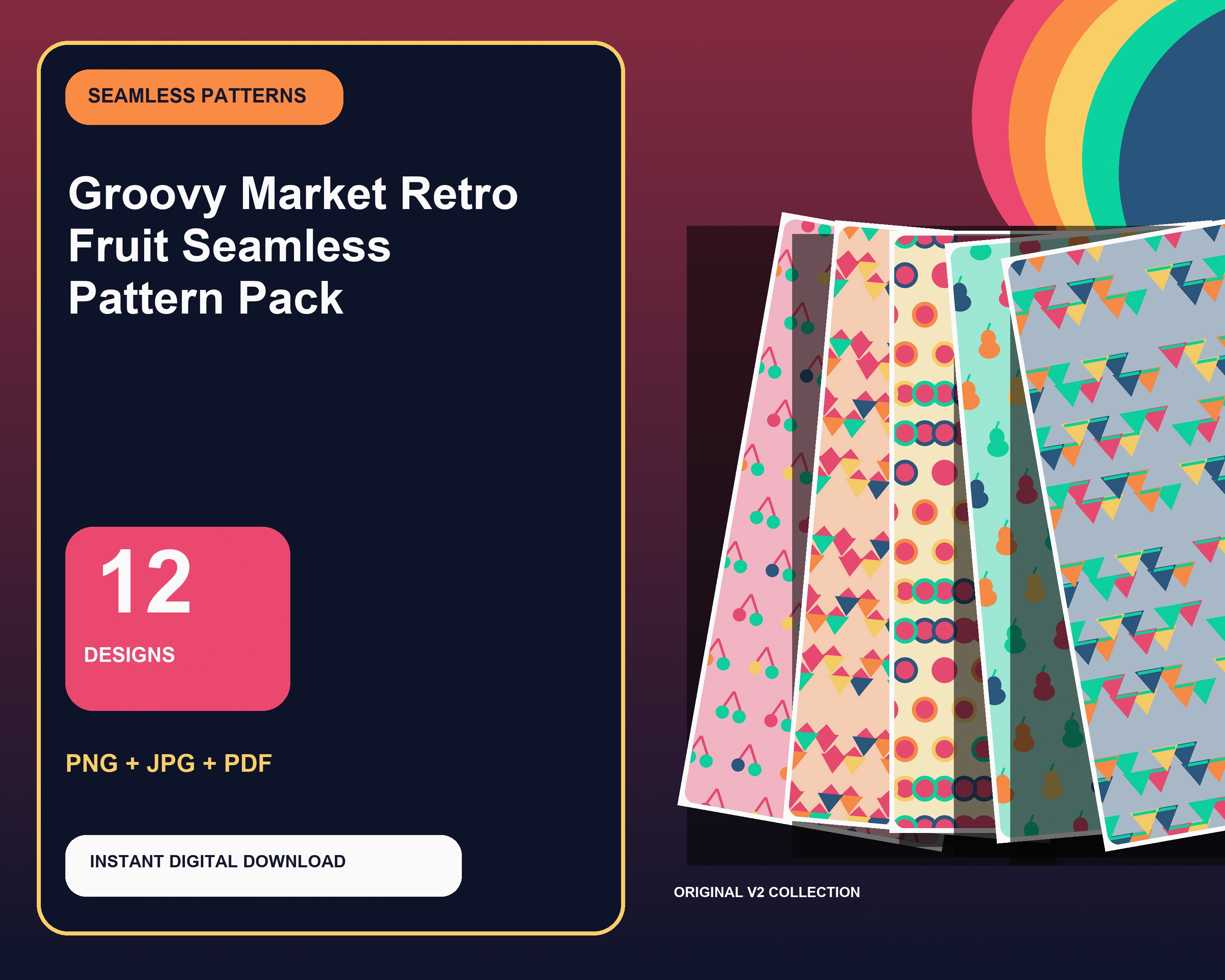 Groovy Market Retro Fruit Seamless Pattern Pack - premium digital bundle preview 1 of 10
