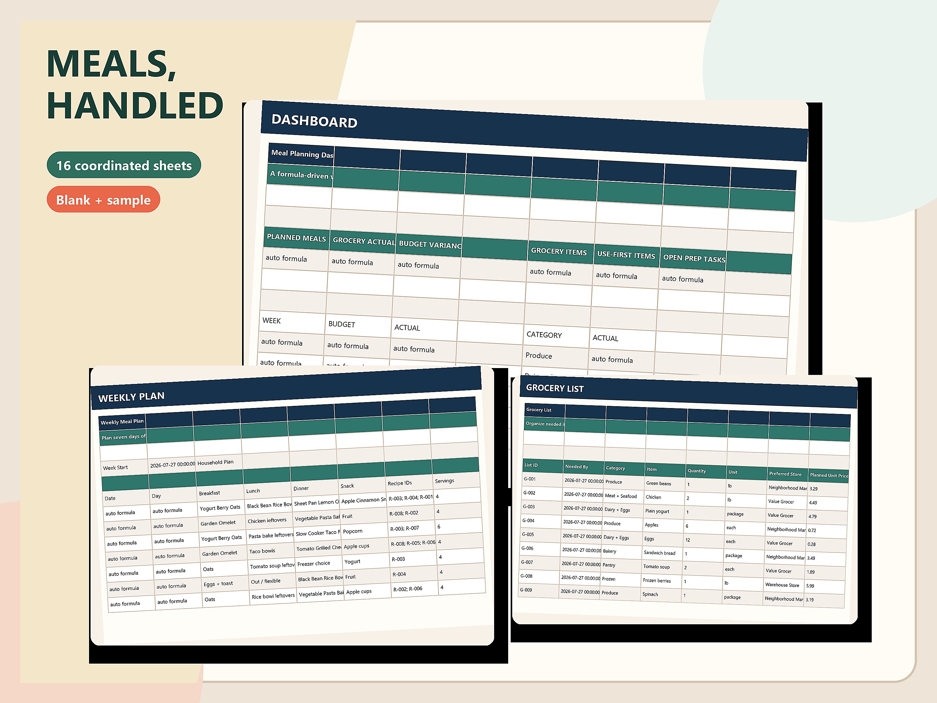 Meal planning command center hero with real dashboard, weekly plan, and grocery list spreadsheet previews.