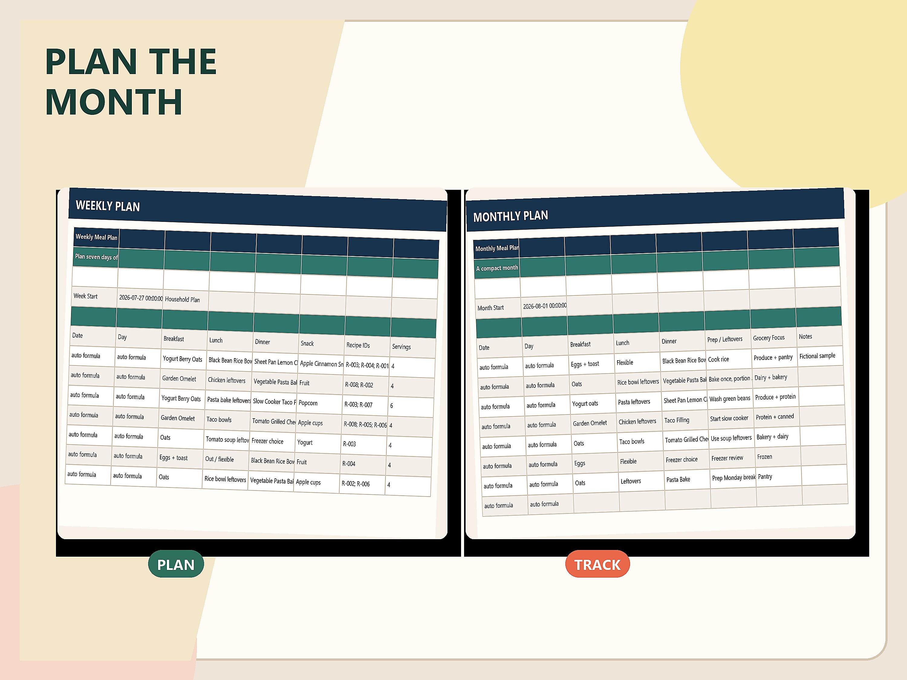 Weekly and monthly meal-plan spreadsheet previews in a warm modern-organic design.