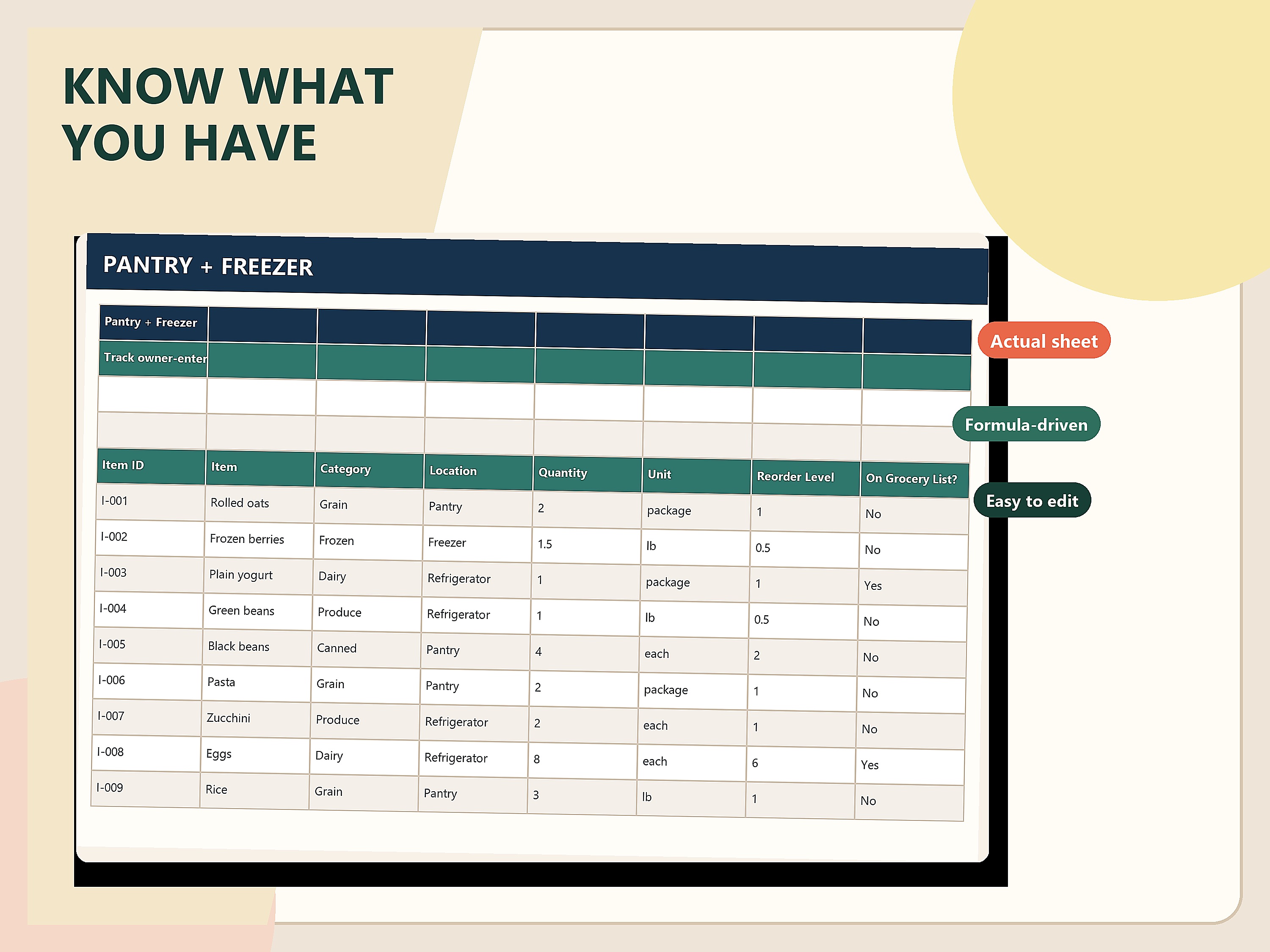 Pantry and freezer inventory spreadsheet with quantity and use-first fields.