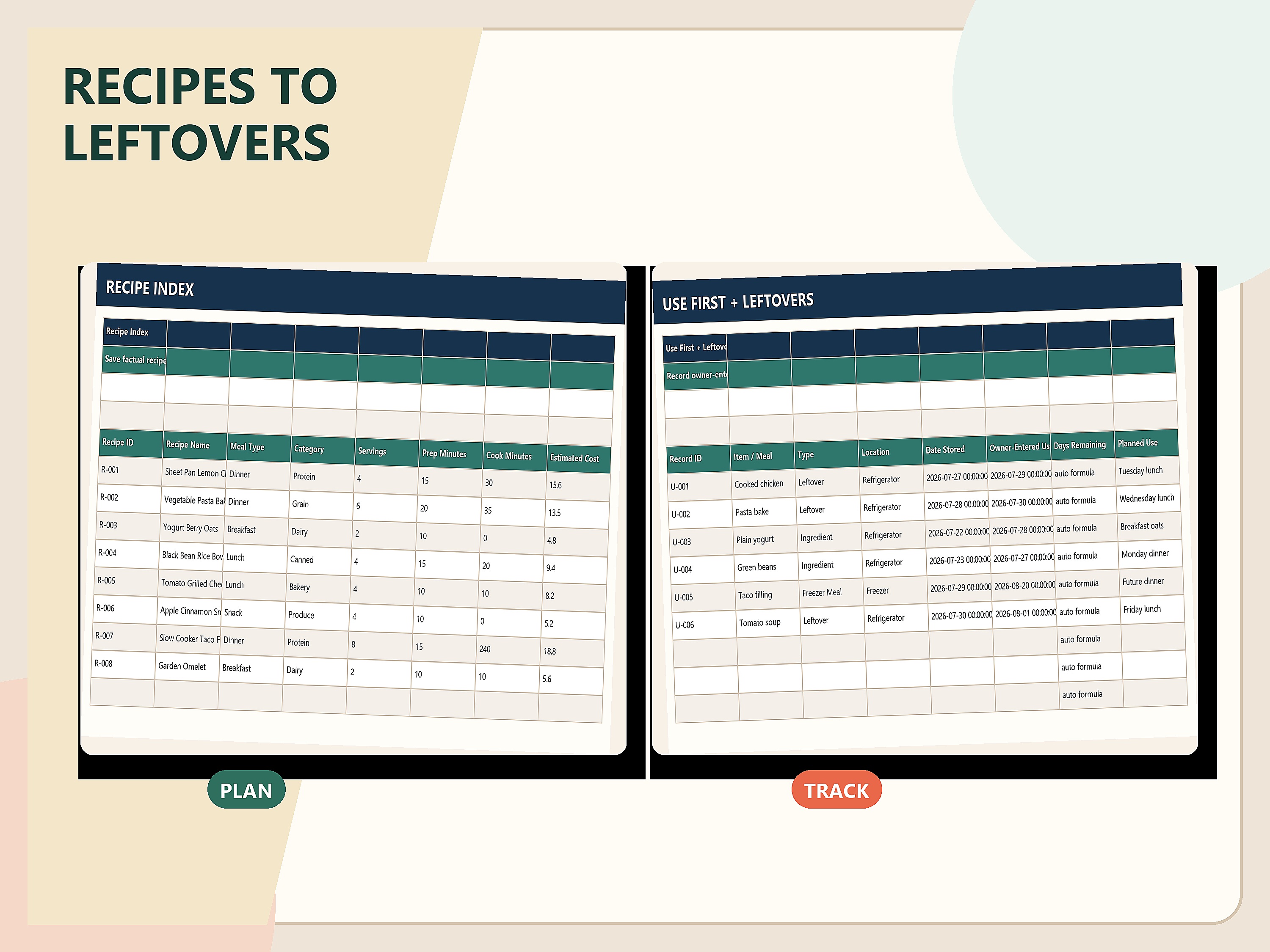 Recipe index and leftovers tracker spreadsheet previews.