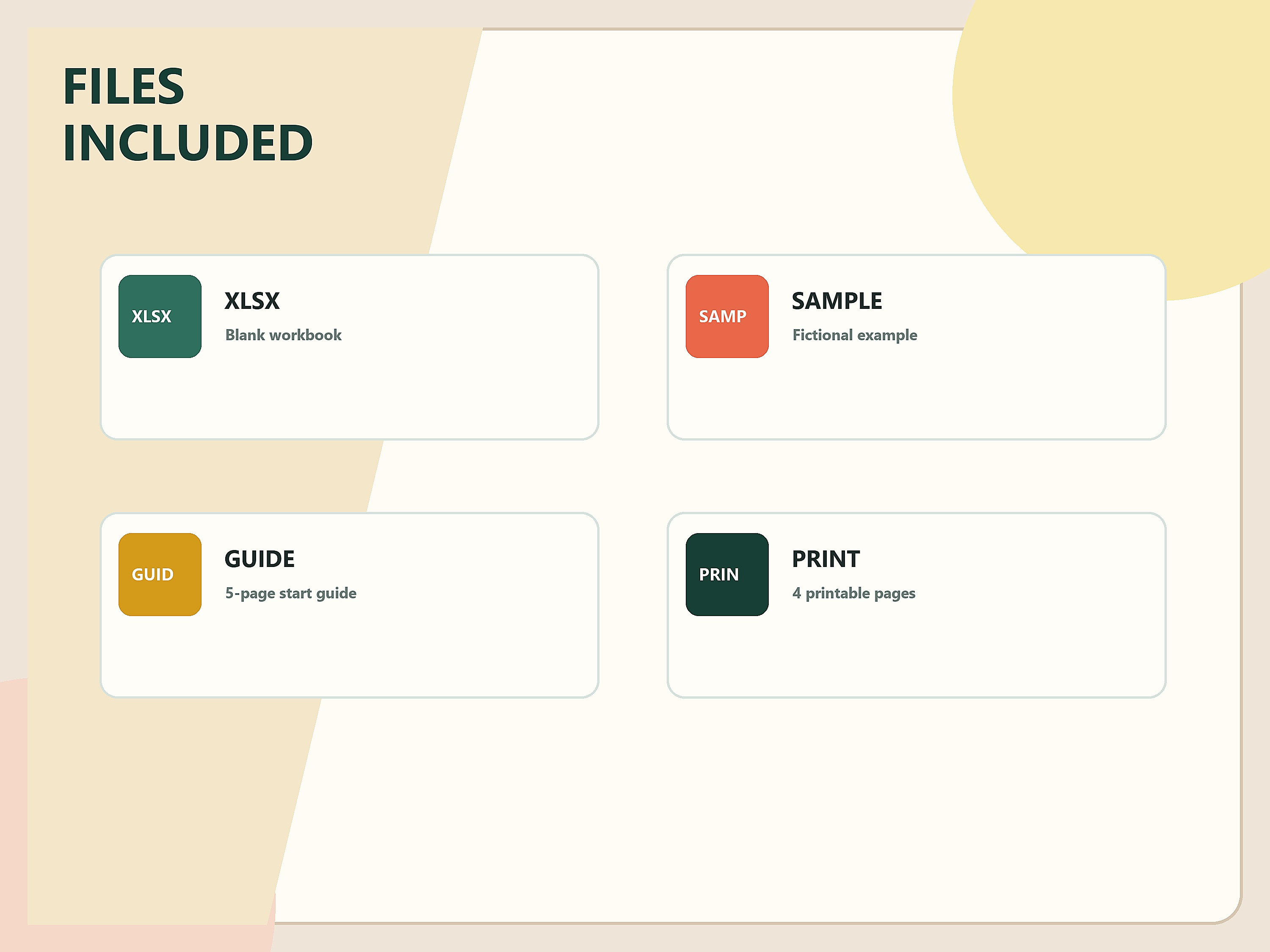 Files-included graphic showing blank workbook, sample workbook, guide, and printables.
