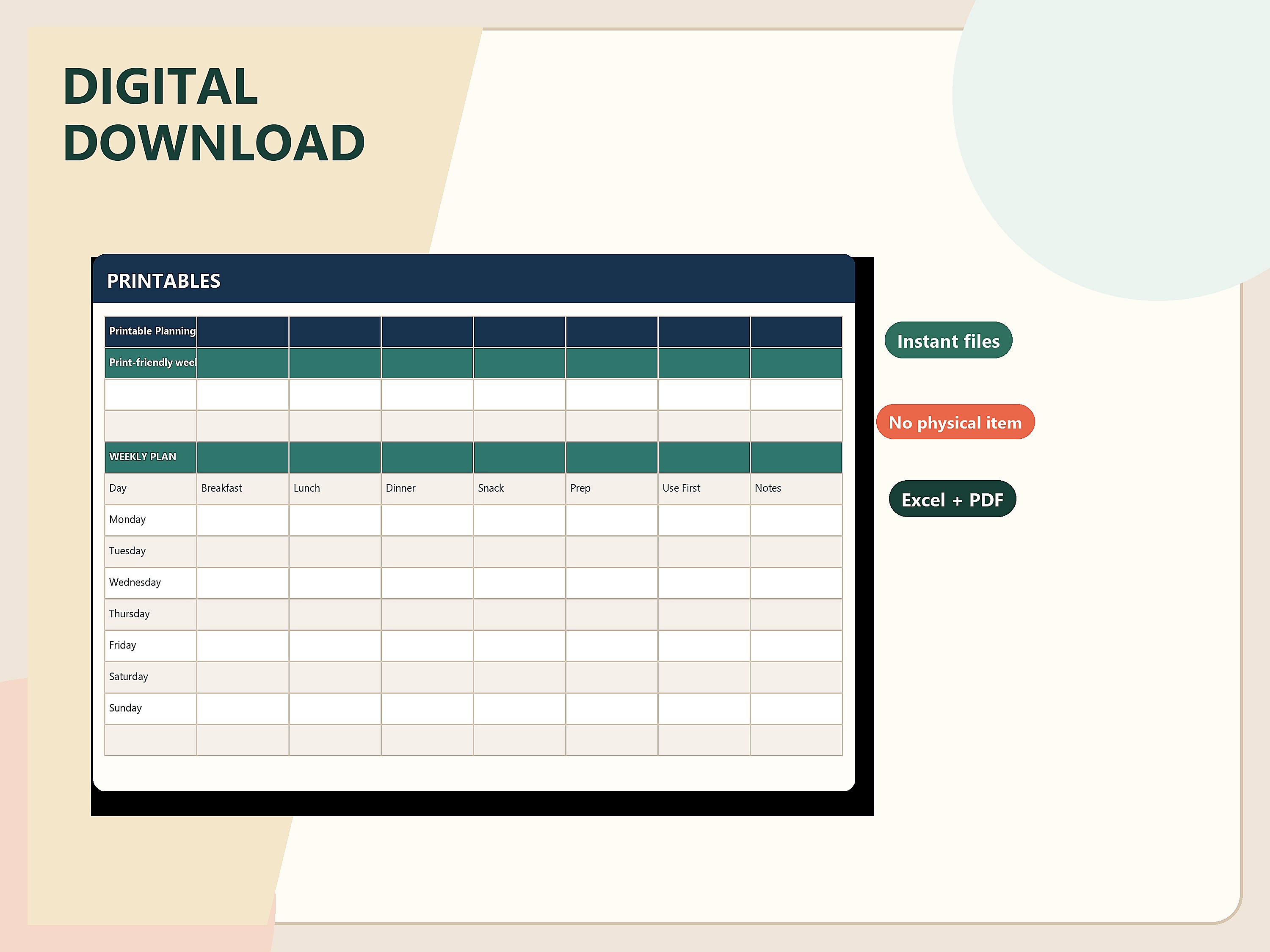 Digital-download graphic with print-friendly meal-planning spreadsheet preview.