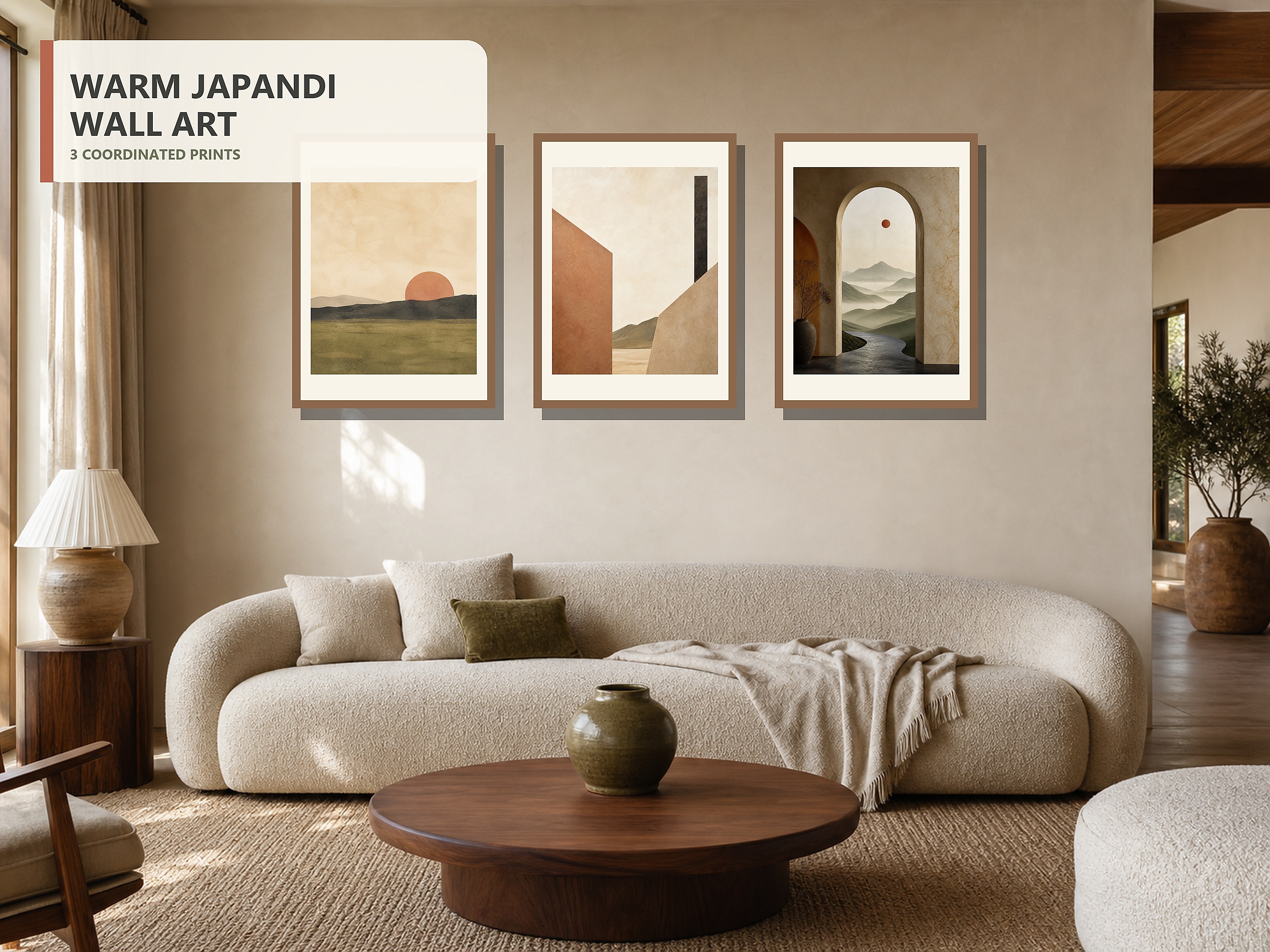 Still Horizon Warm Japandi Landscape Triptych hero shown accurately in a distinct modern living room with 3 framed prints.