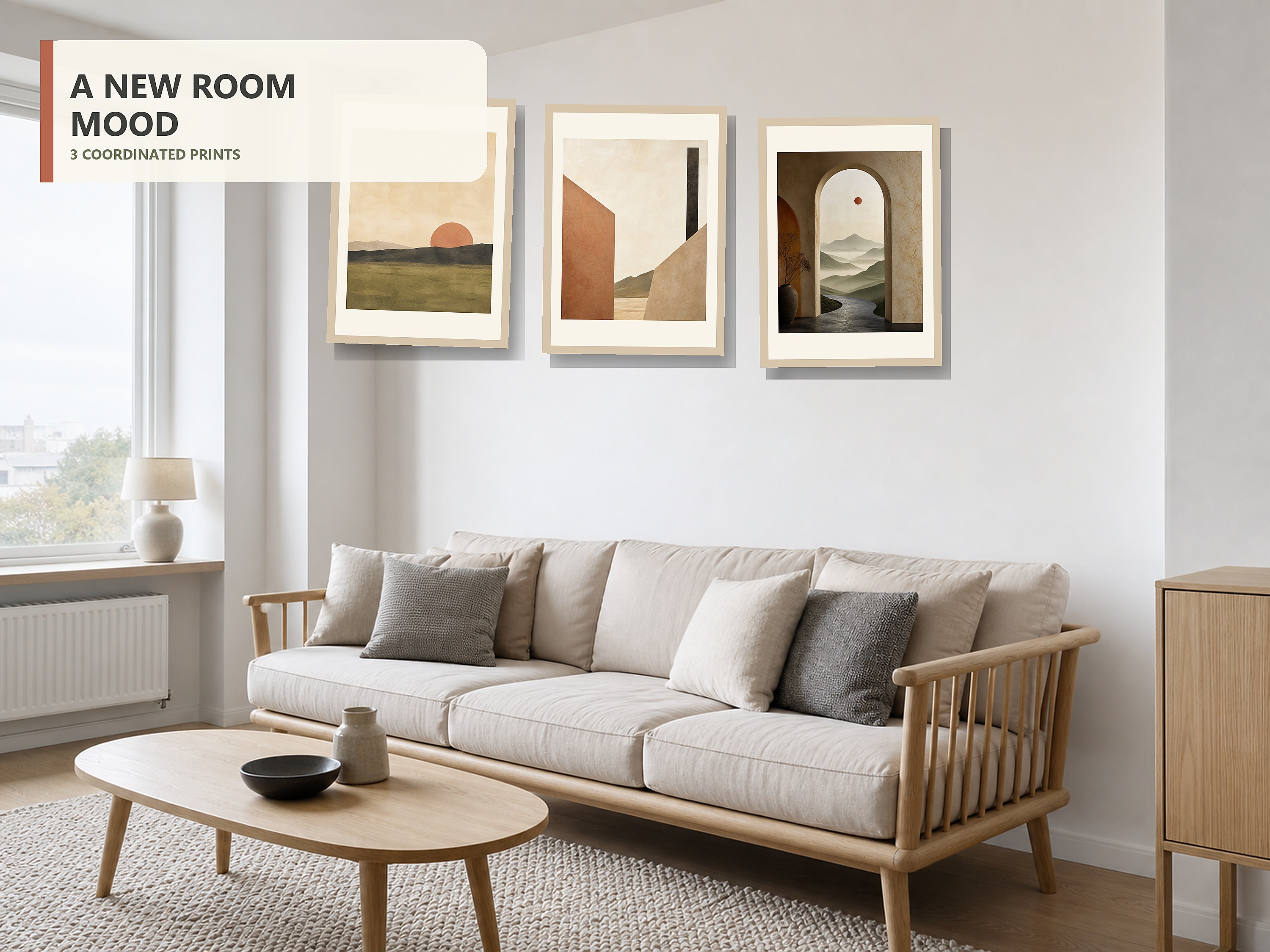 Still Horizon Warm Japandi Landscape Triptych displayed in a second room with different furniture, wall color, angle, and frame treatment.