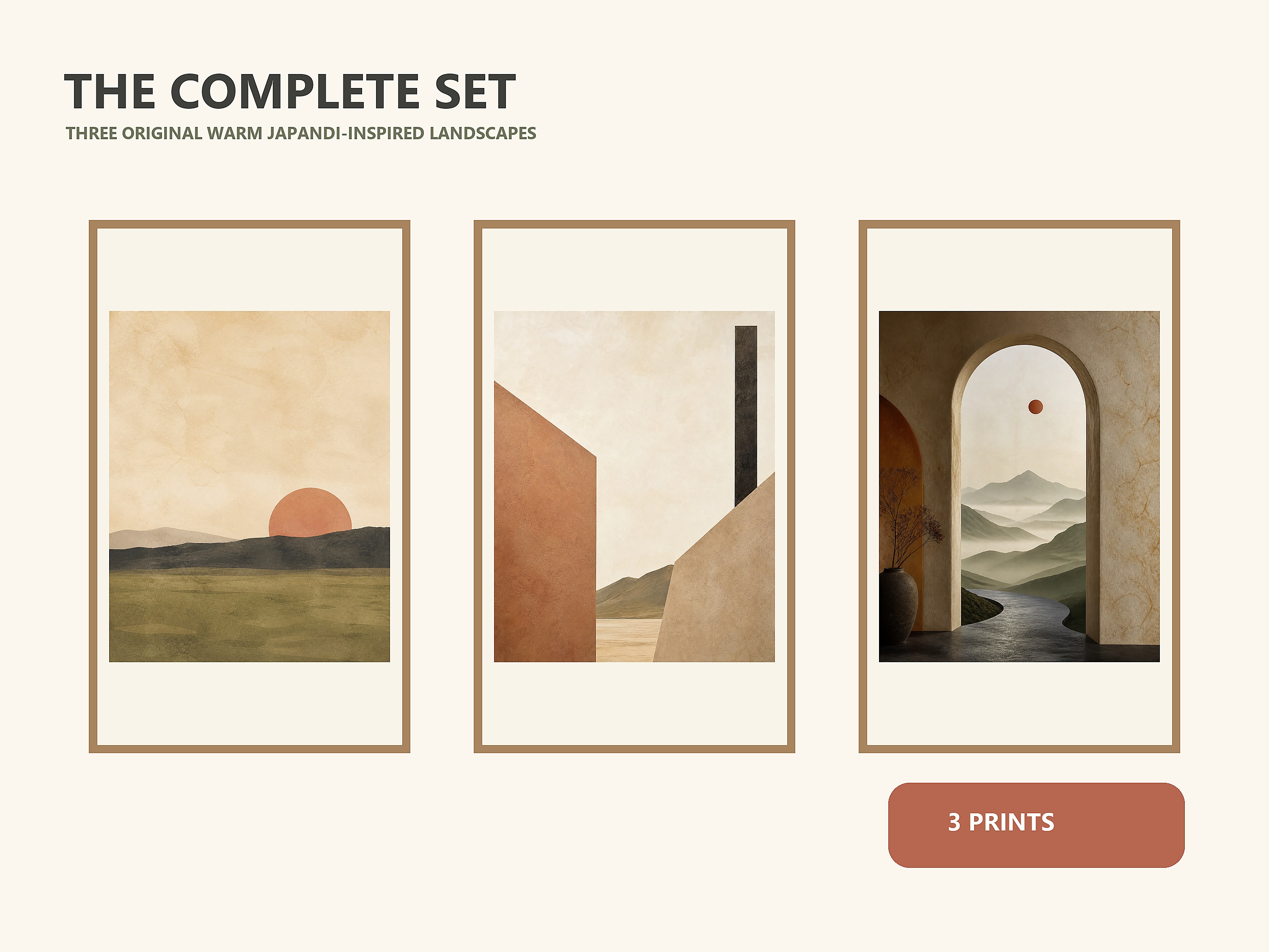 Complete overview of all 3 original printable artworks included in Still Horizon Warm Japandi Landscape Triptych.