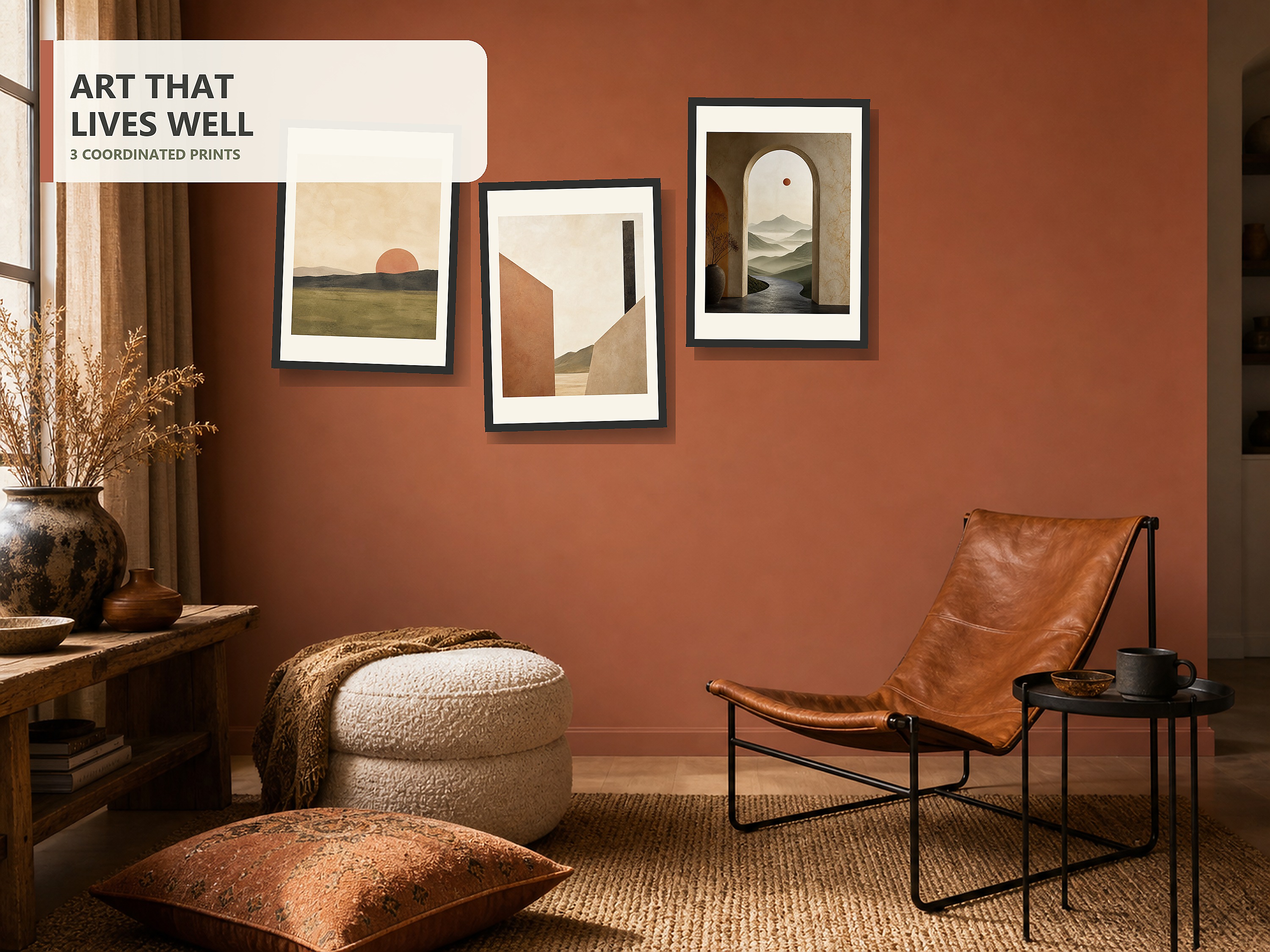 Still Horizon Warm Japandi Landscape Triptych shown in a third distinct lifestyle room and gallery layout.