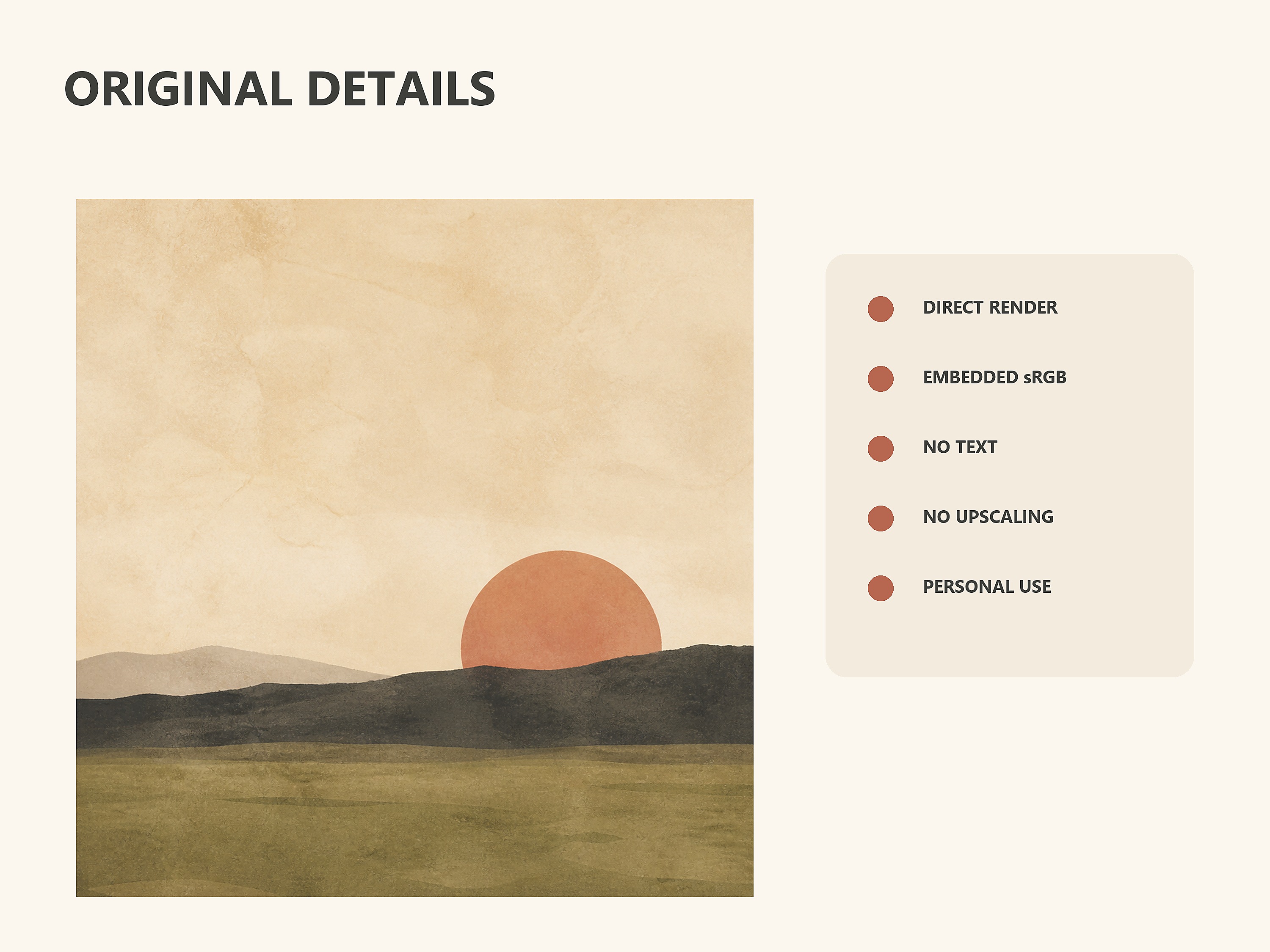 Close-up proof of original direct-render artwork with embedded sRGB profile and no upscaling.