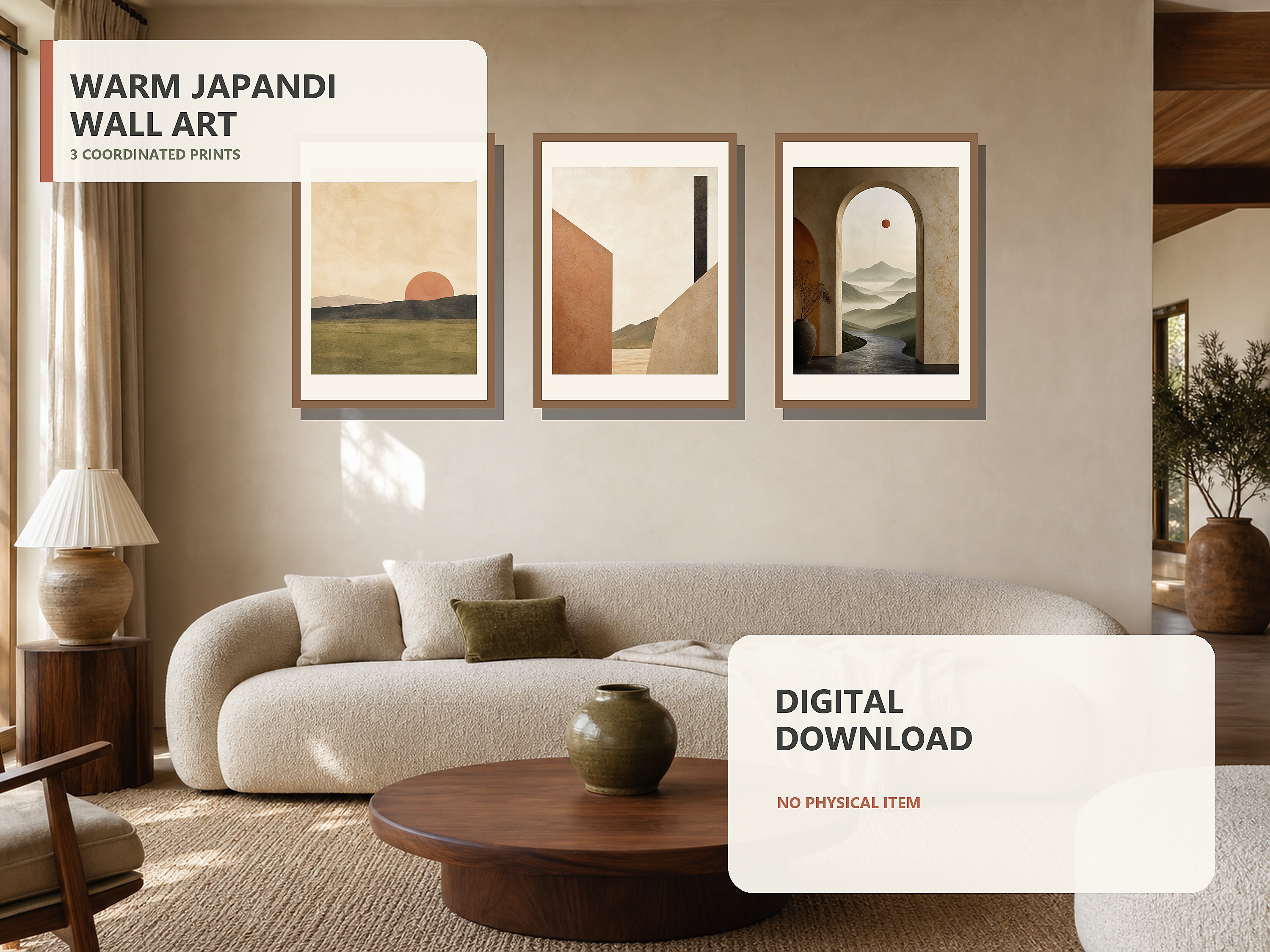 Digital-download notice with the actual Still Horizon Warm Japandi Landscape Triptych artwork shown in frames.