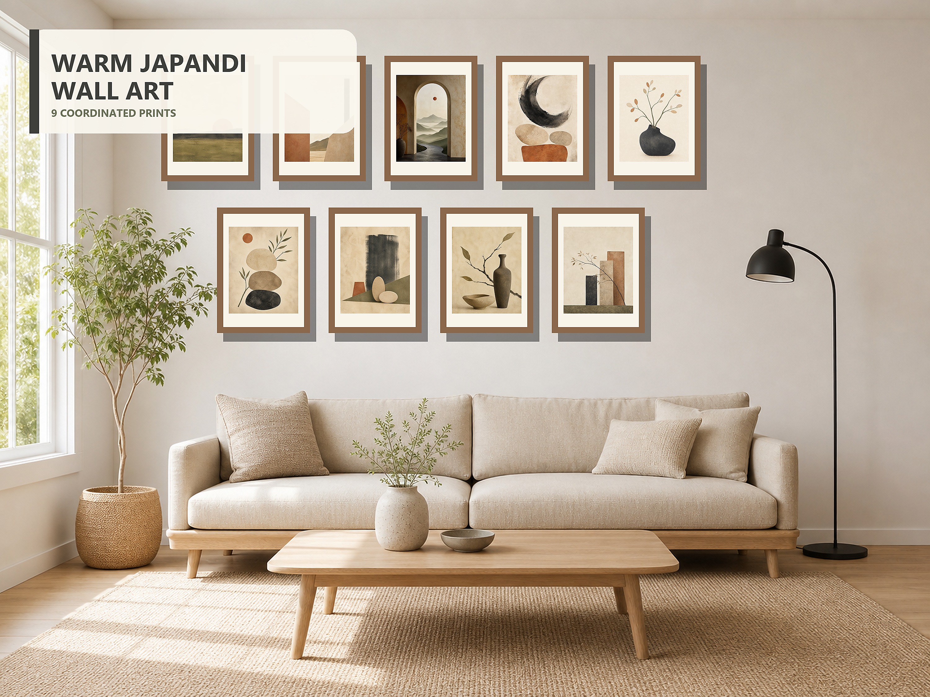 Quiet Balance Warm Japandi Gallery Wall Bundle of 9 hero shown accurately in a distinct modern living room with 9 framed prints.