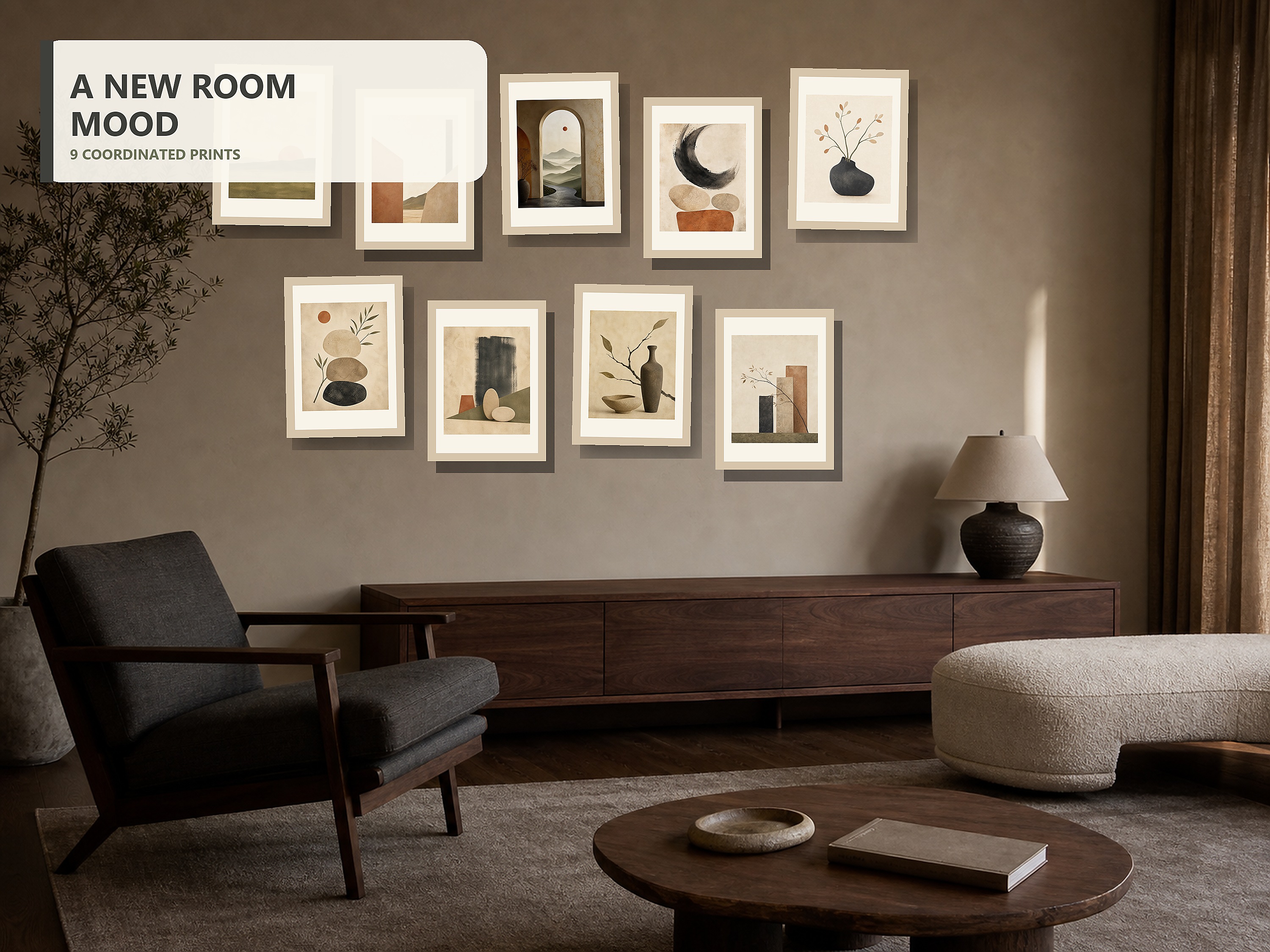 Quiet Balance Warm Japandi Gallery Wall Bundle of 9 displayed in a second room with different furniture, wall color, angle, and frame treatment.