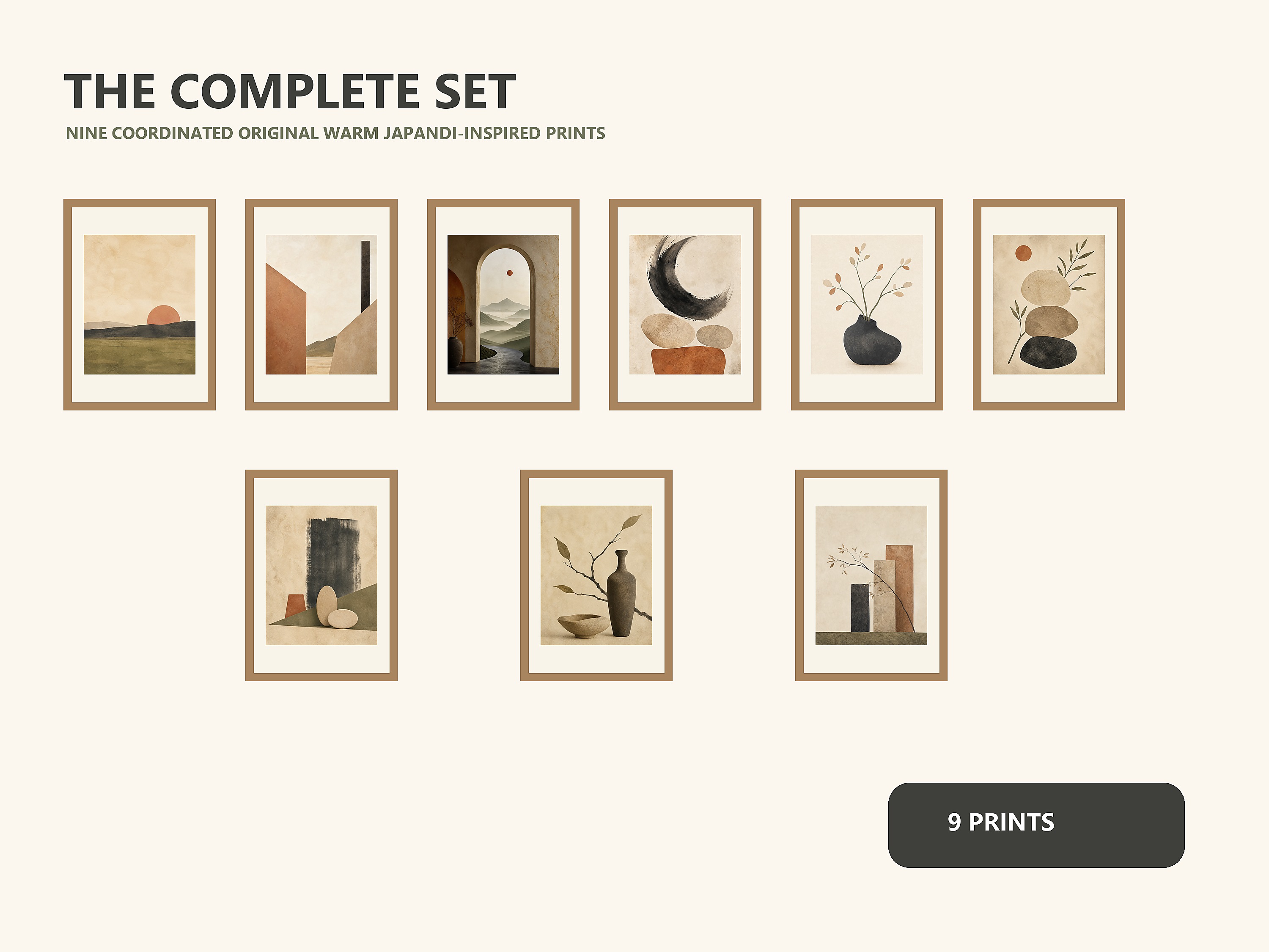 Complete overview of all 9 original printable artworks included in Quiet Balance Warm Japandi Gallery Wall Bundle of 9.