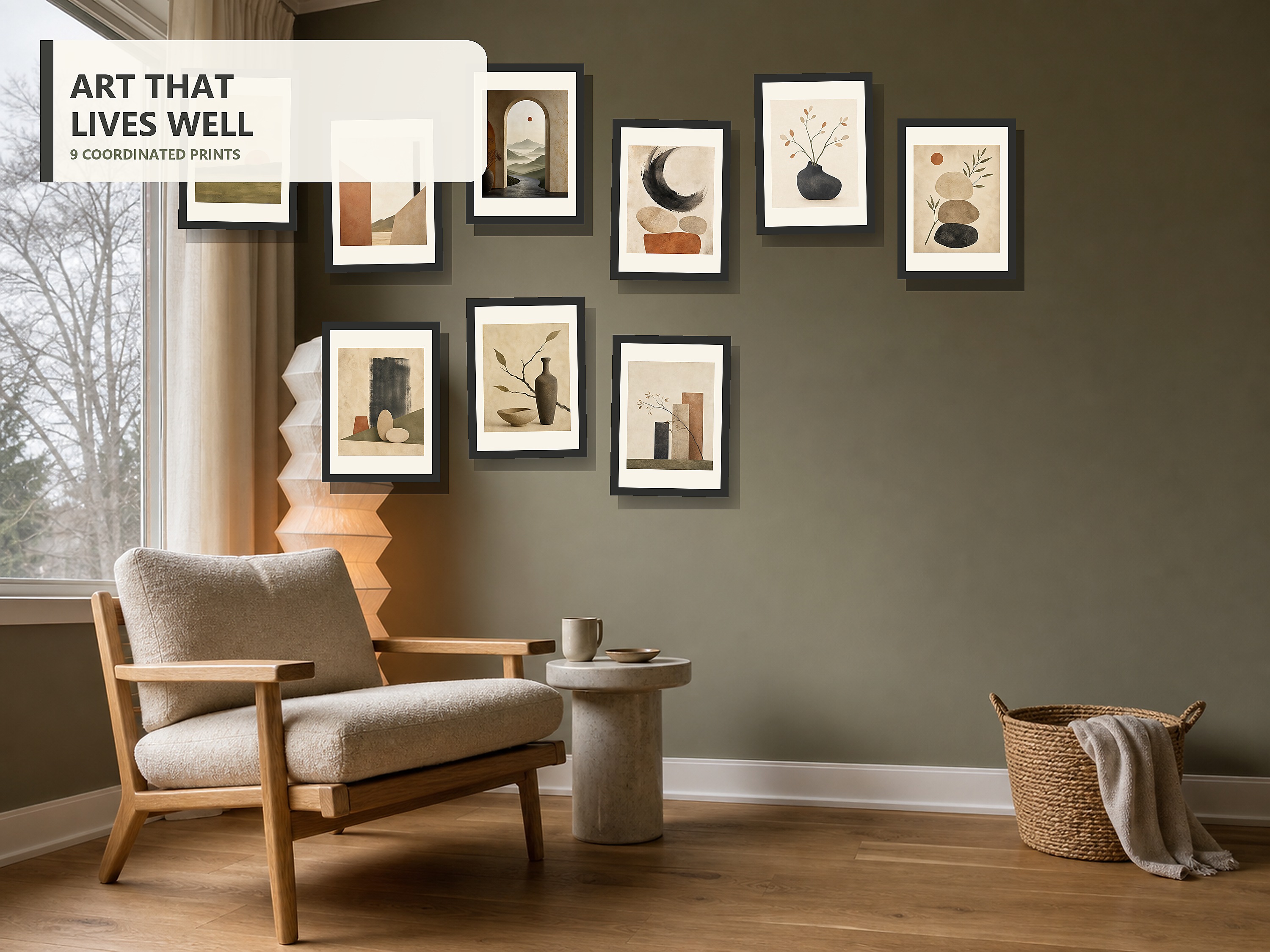 Quiet Balance Warm Japandi Gallery Wall Bundle of 9 shown in a third distinct lifestyle room and gallery layout.