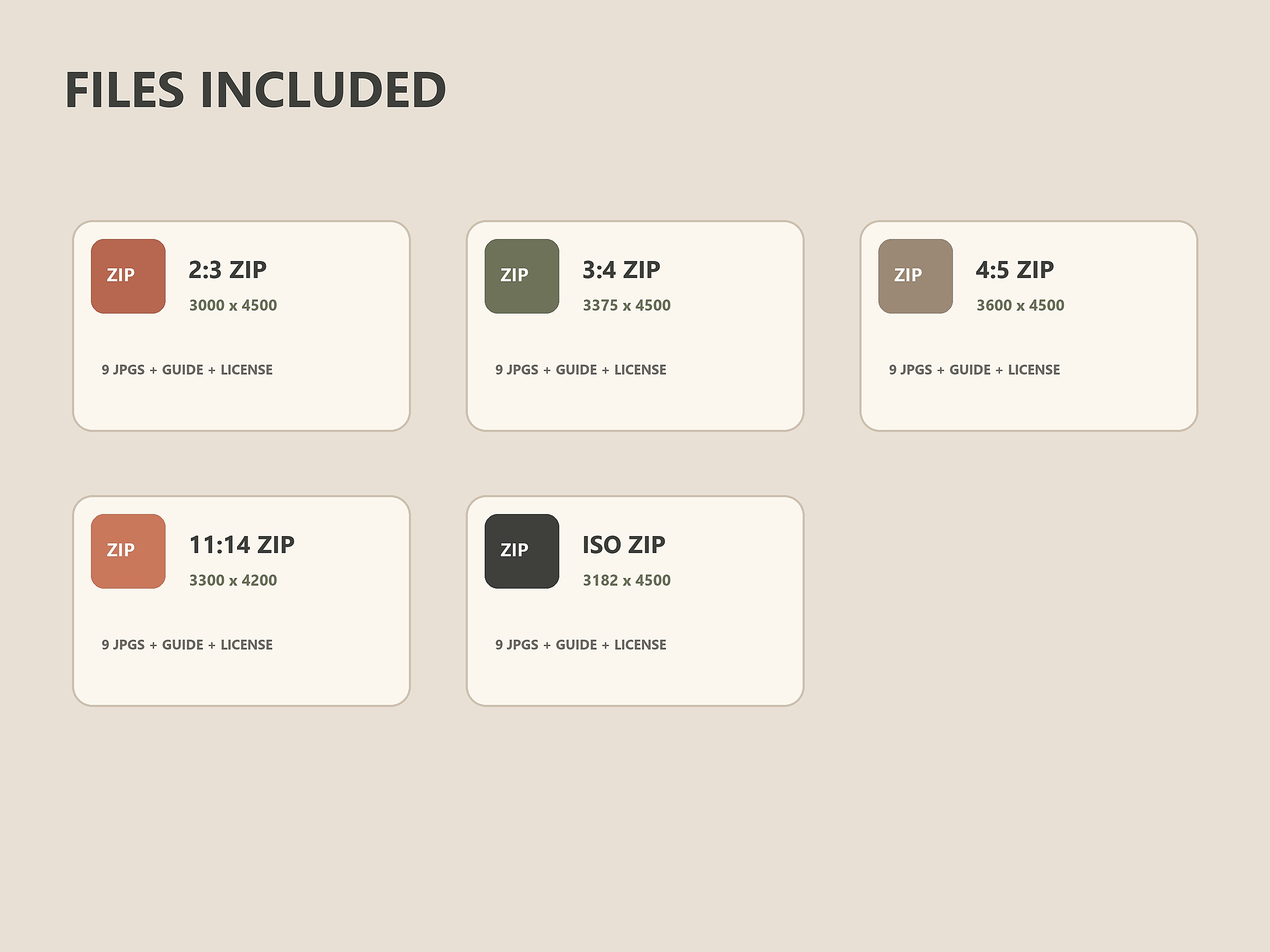 Files-included graphic showing five ratio ZIPs with guide and personal-use terms.