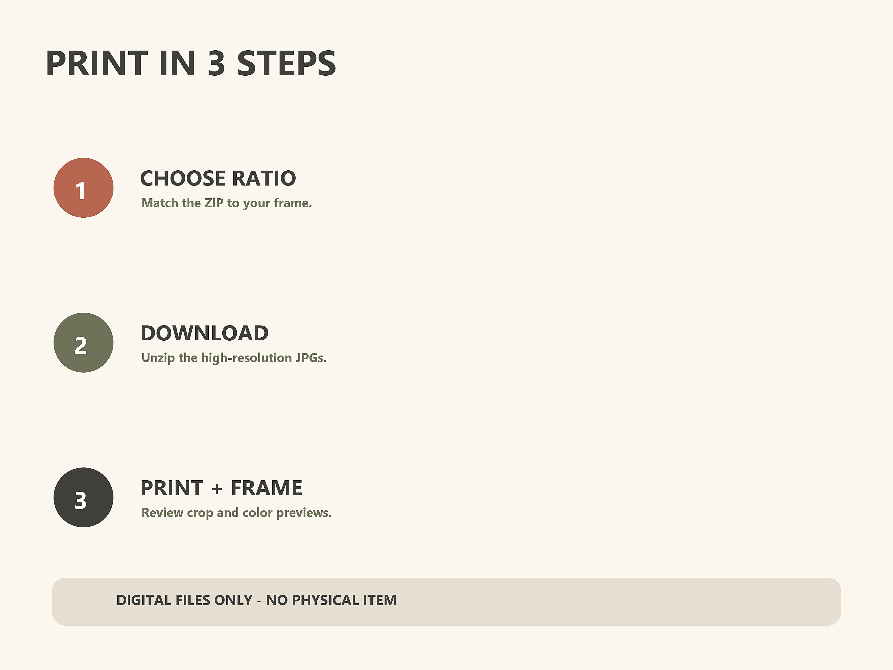 Three-step digital printable workflow for choosing a ratio, downloading, and printing.