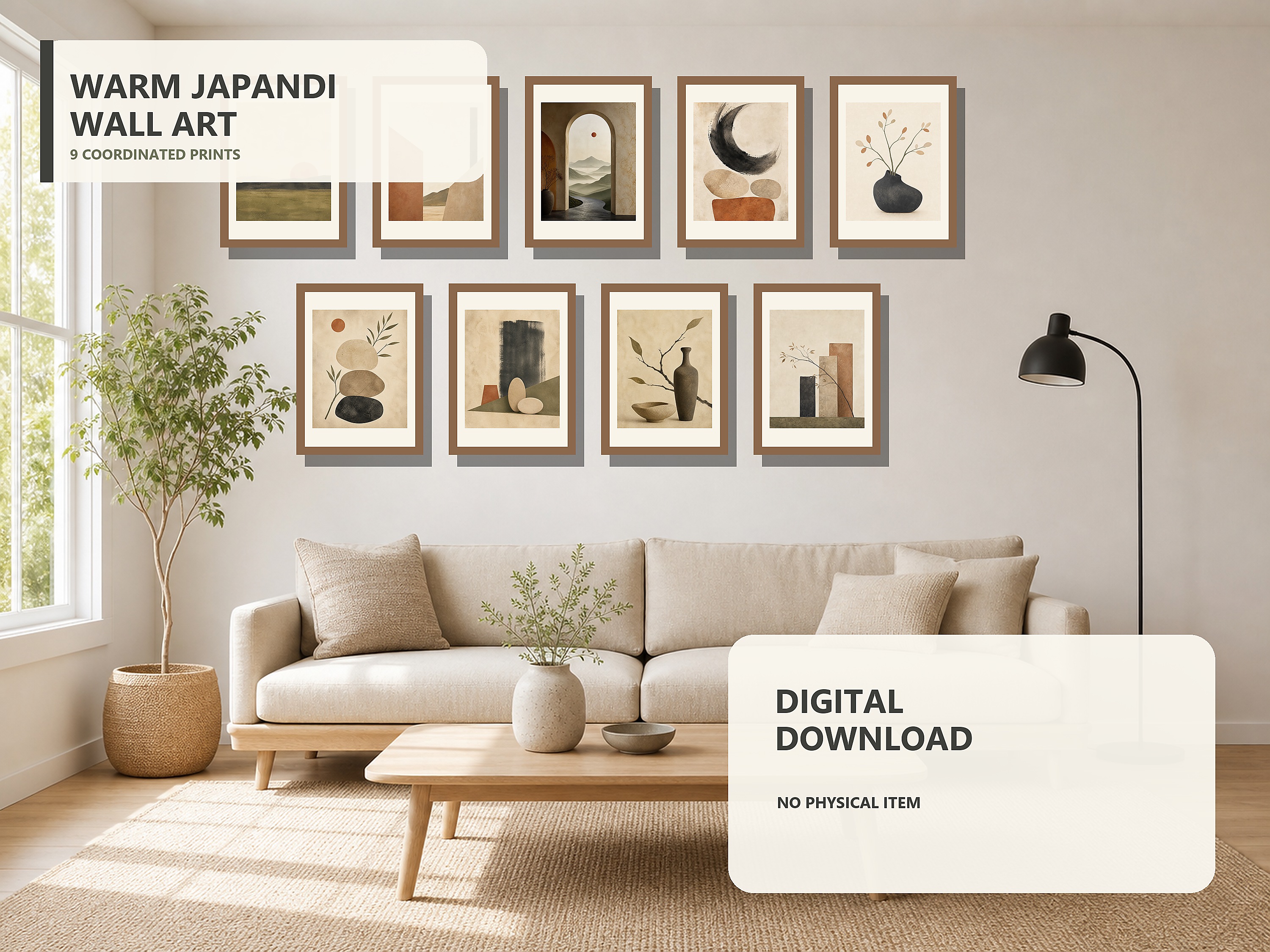 Digital-download notice with the actual Quiet Balance Warm Japandi Gallery Wall Bundle of 9 artwork shown in frames.