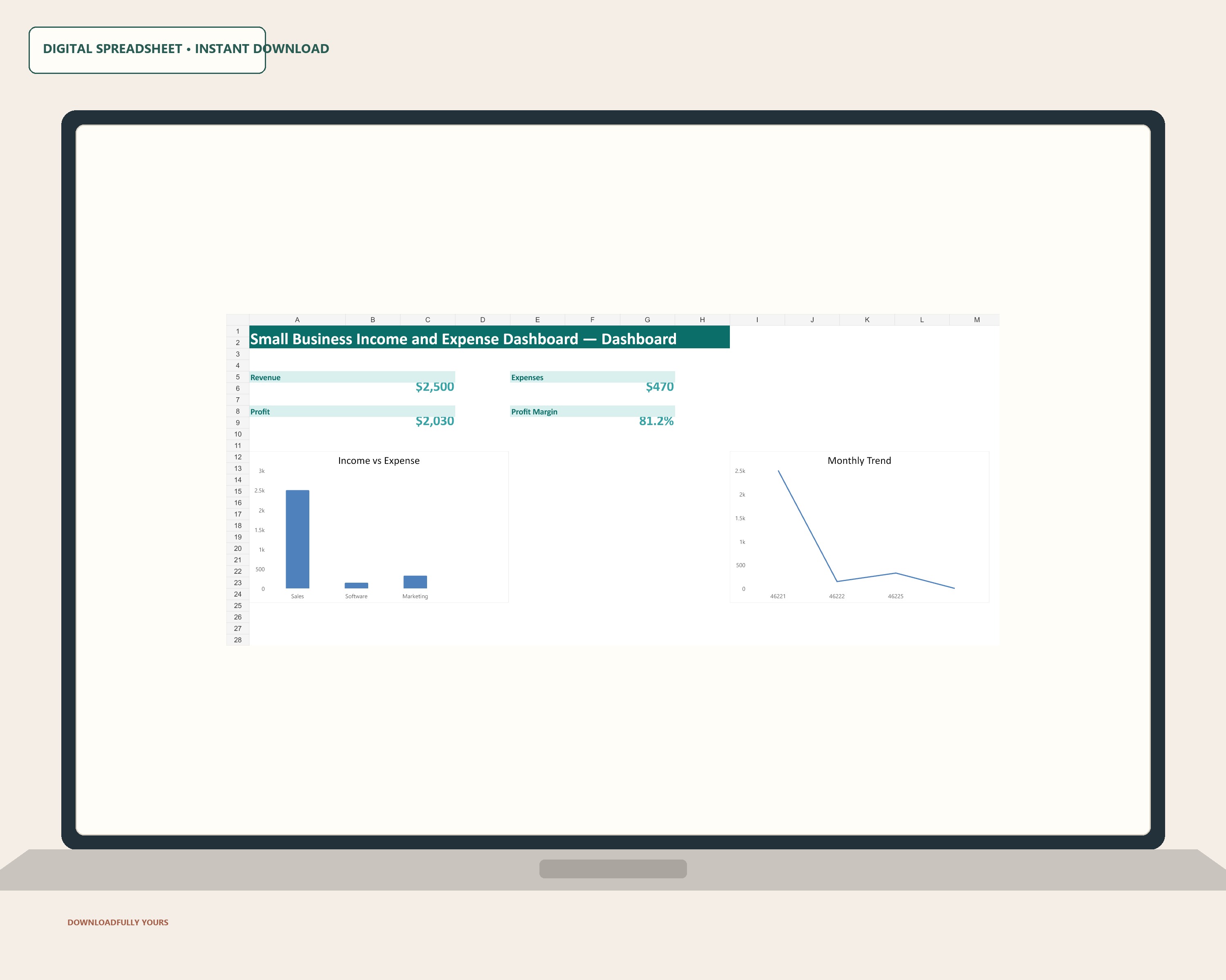 Small Business Income and Expense Dashboard dashboard shown on a clean laptop mockup