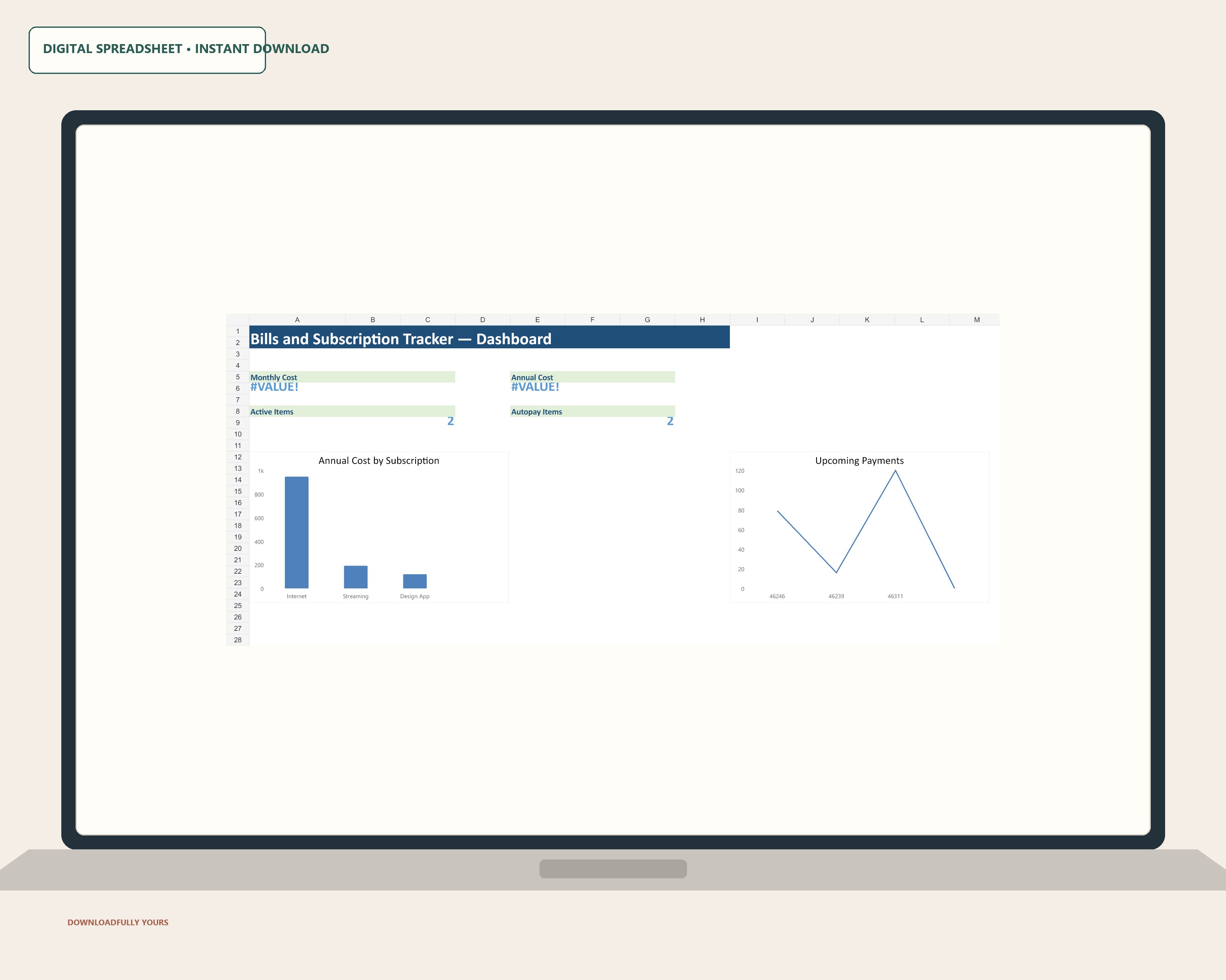 Bills and Subscription Tracker dashboard shown on a clean laptop mockup