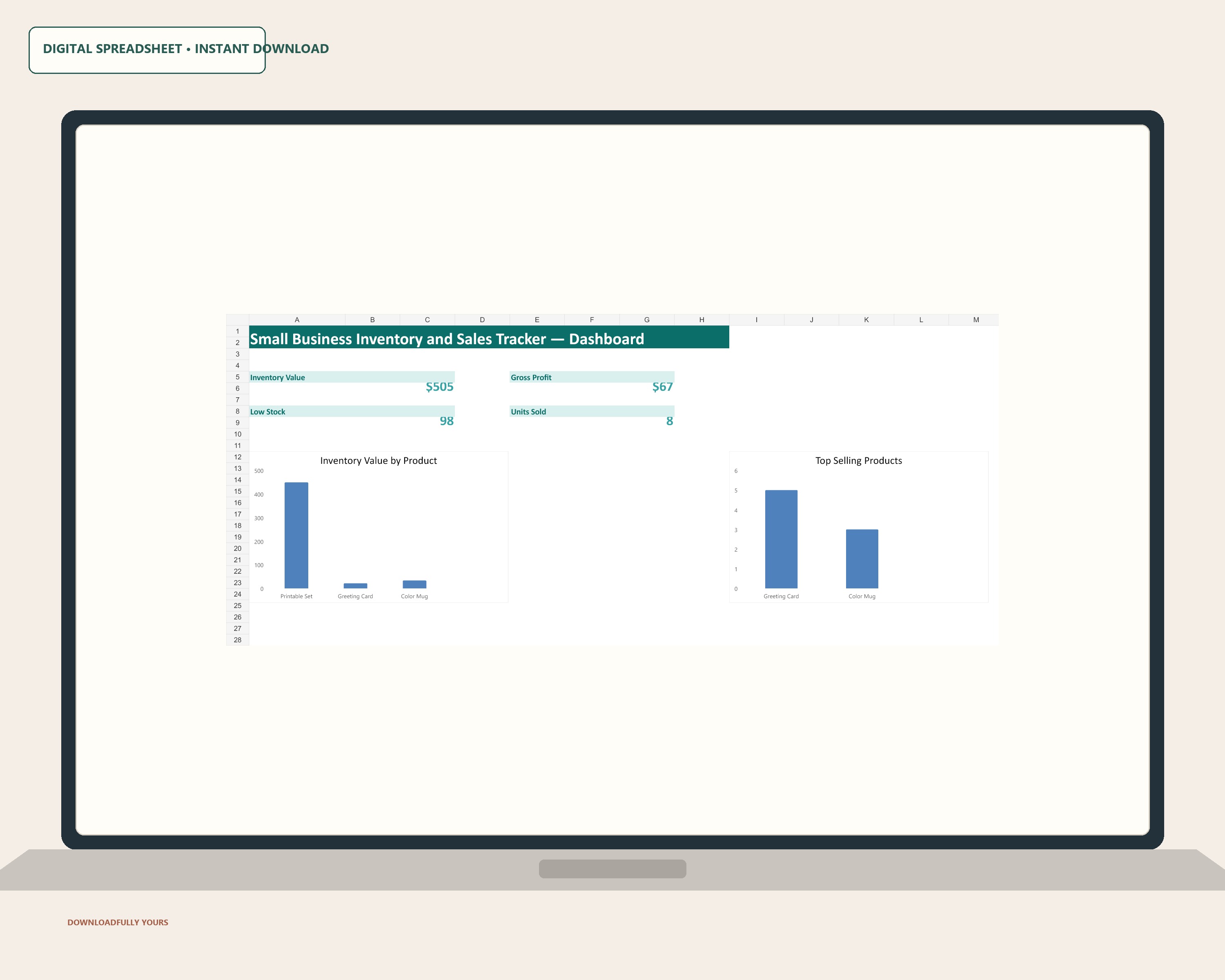 Small Business Inventory and Sales Tracker dashboard shown on a clean laptop mockup