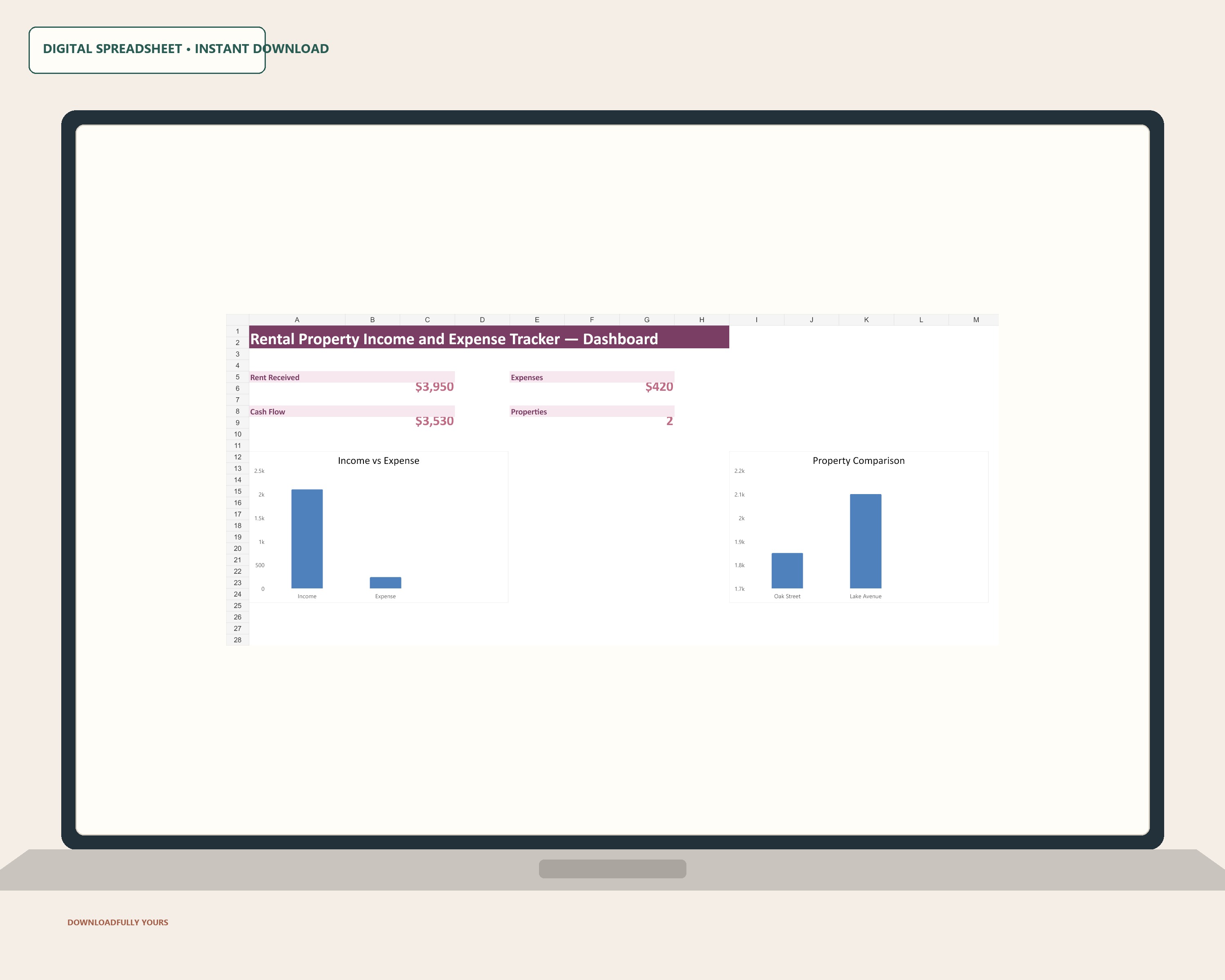 Rental Property Income and Expense Tracker dashboard shown on a clean laptop mockup