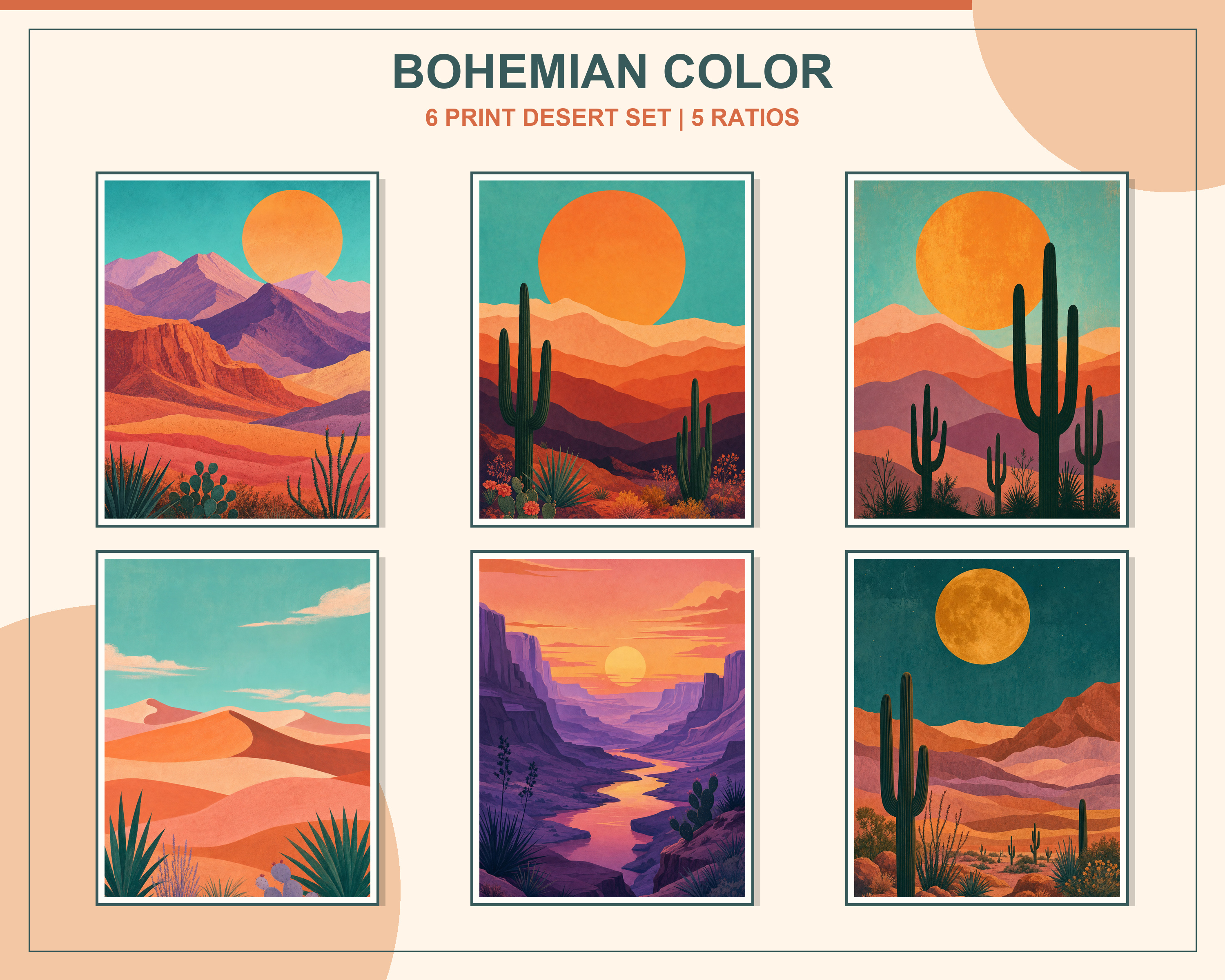 Colorful Bohemian Desert Wall Art Set shown as a coordinated framed gallery wall