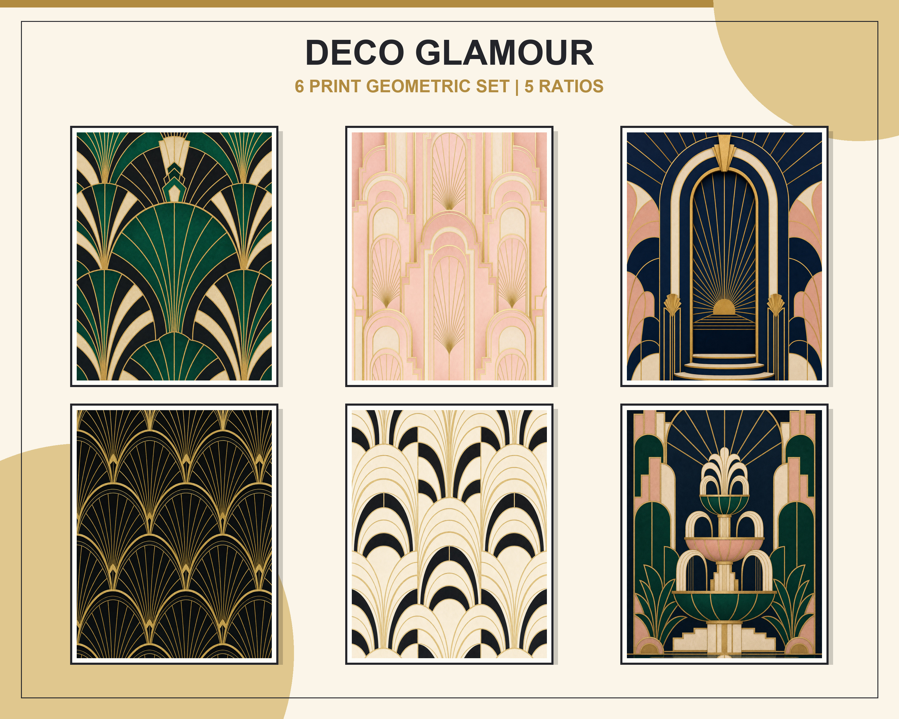 Art Deco Glamour Geometric Printable Set shown as a coordinated framed gallery wall