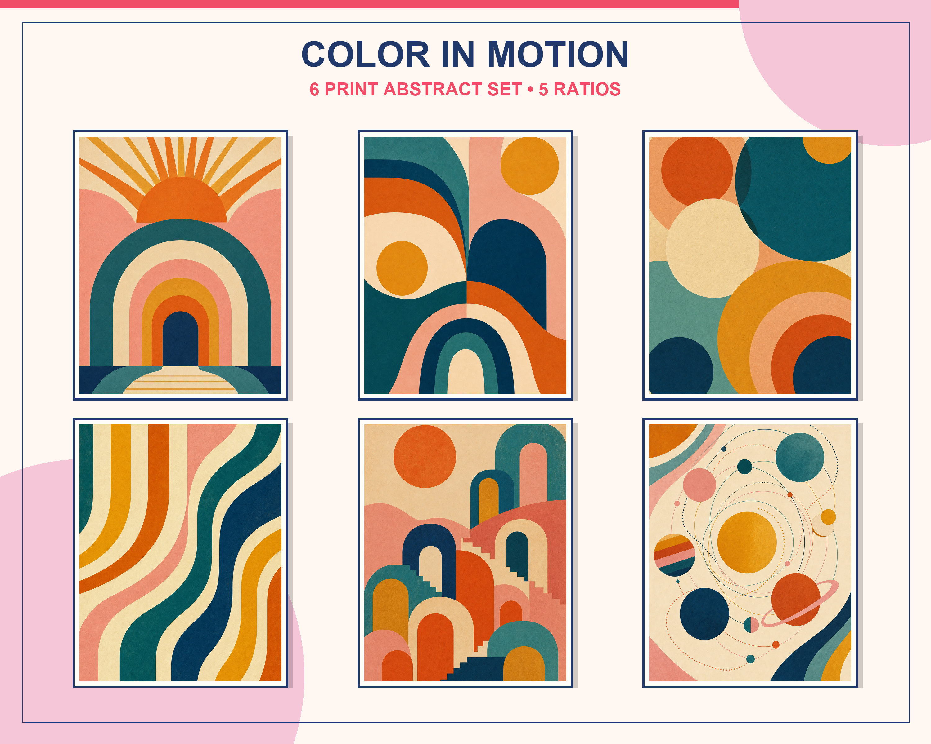 Colorful Mid-Century Modern Abstract Print Set shown as a coordinated framed gallery wall