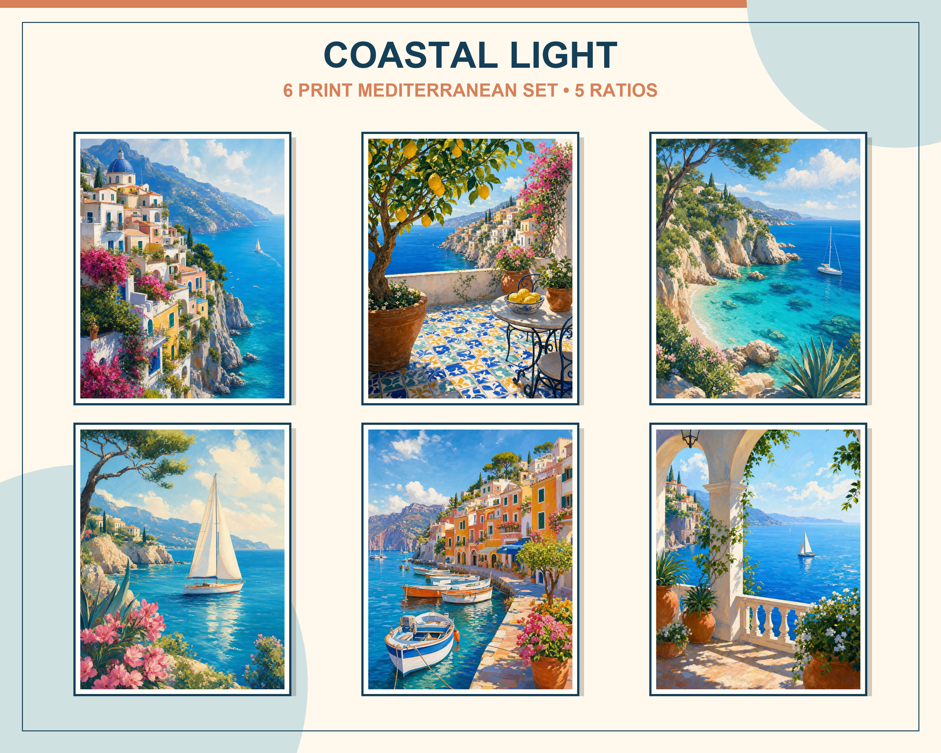 Mediterranean Coastal Gallery Wall Print Set shown as a coordinated framed gallery wall