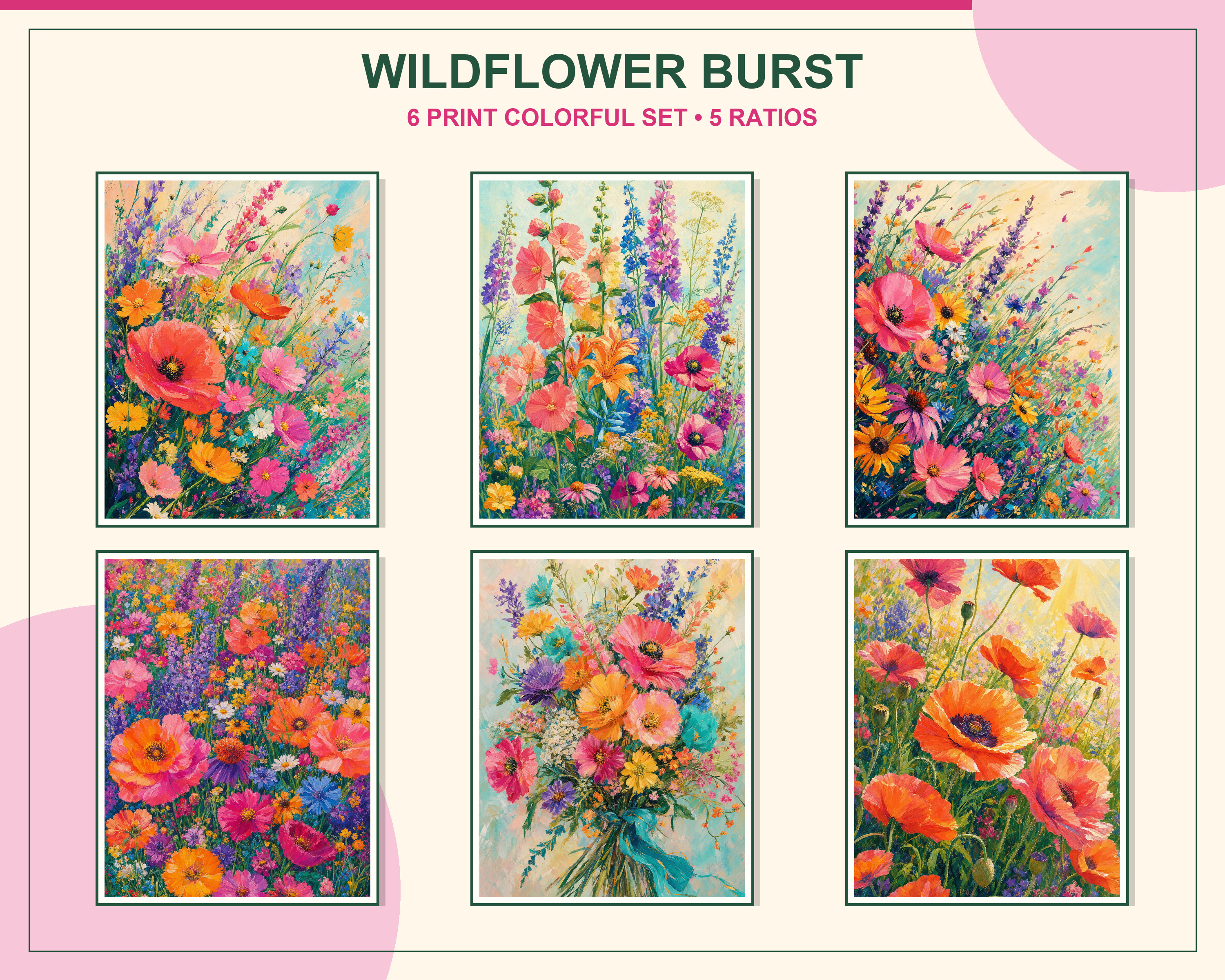 Maximalist Colorful Wildflower Art Print Set shown as a coordinated framed gallery wall
