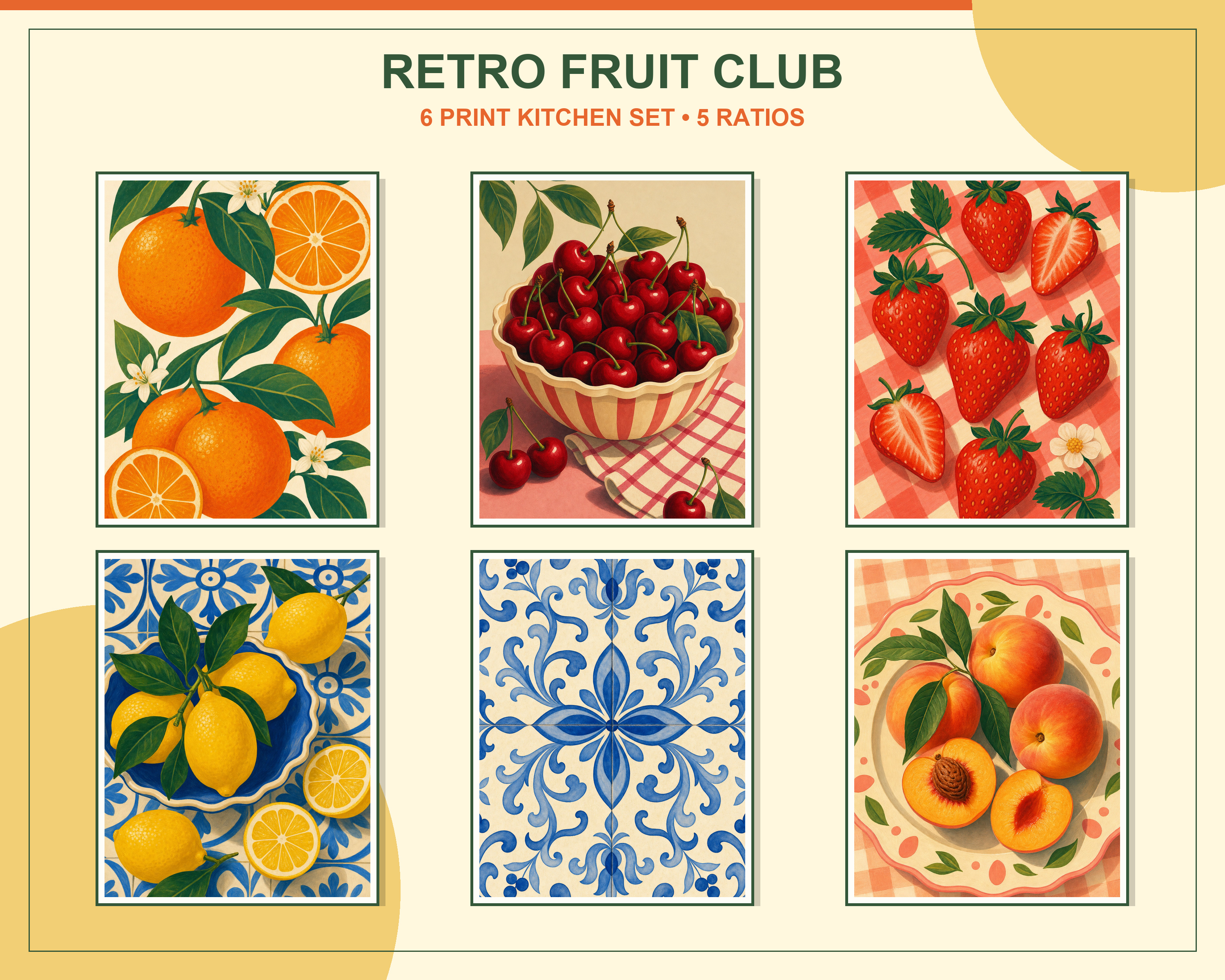 Retro Fruit Kitchen Printable Art Set shown as a coordinated framed gallery wall