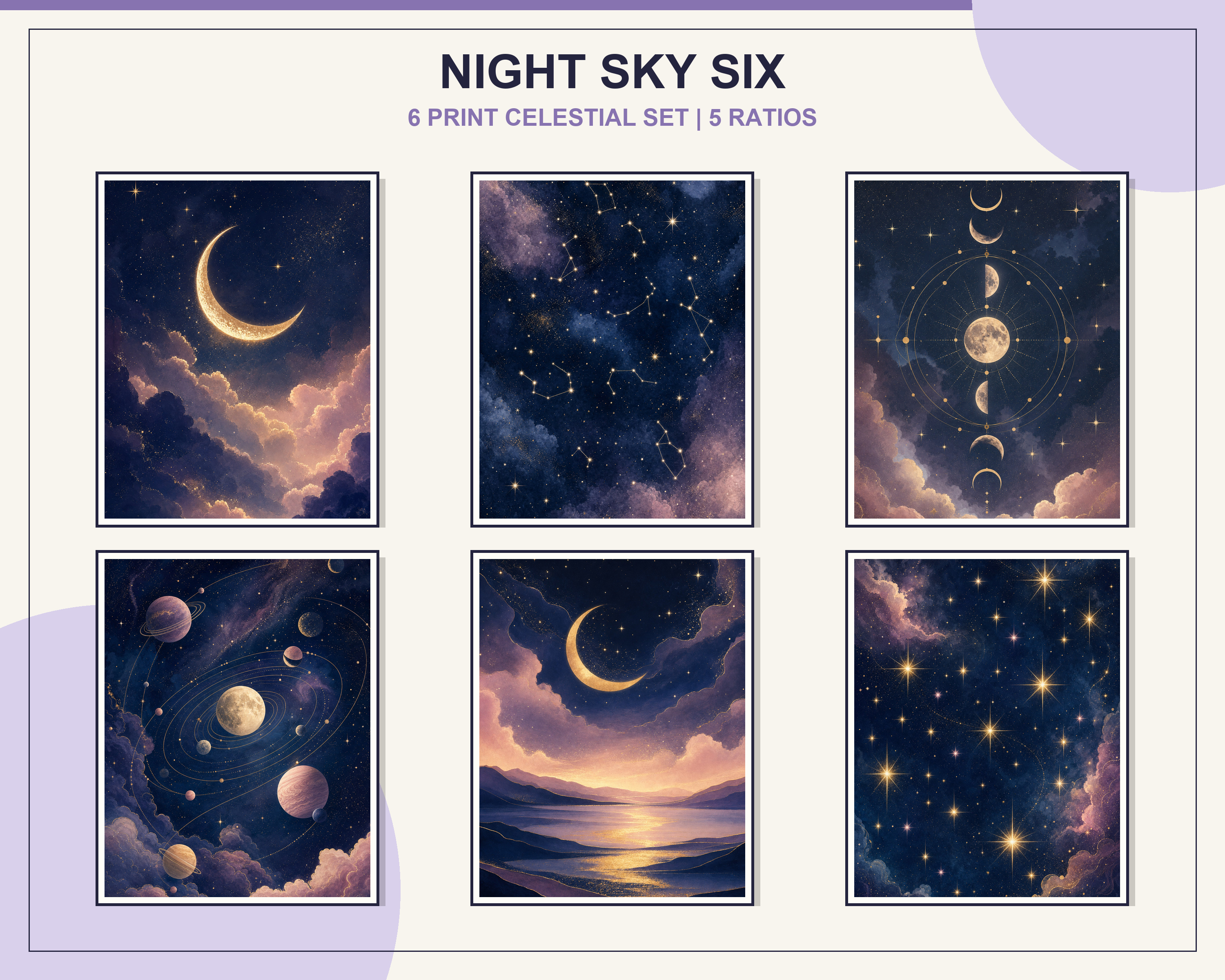 Celestial Moon and Night Sky Printable Set shown as a coordinated framed gallery wall