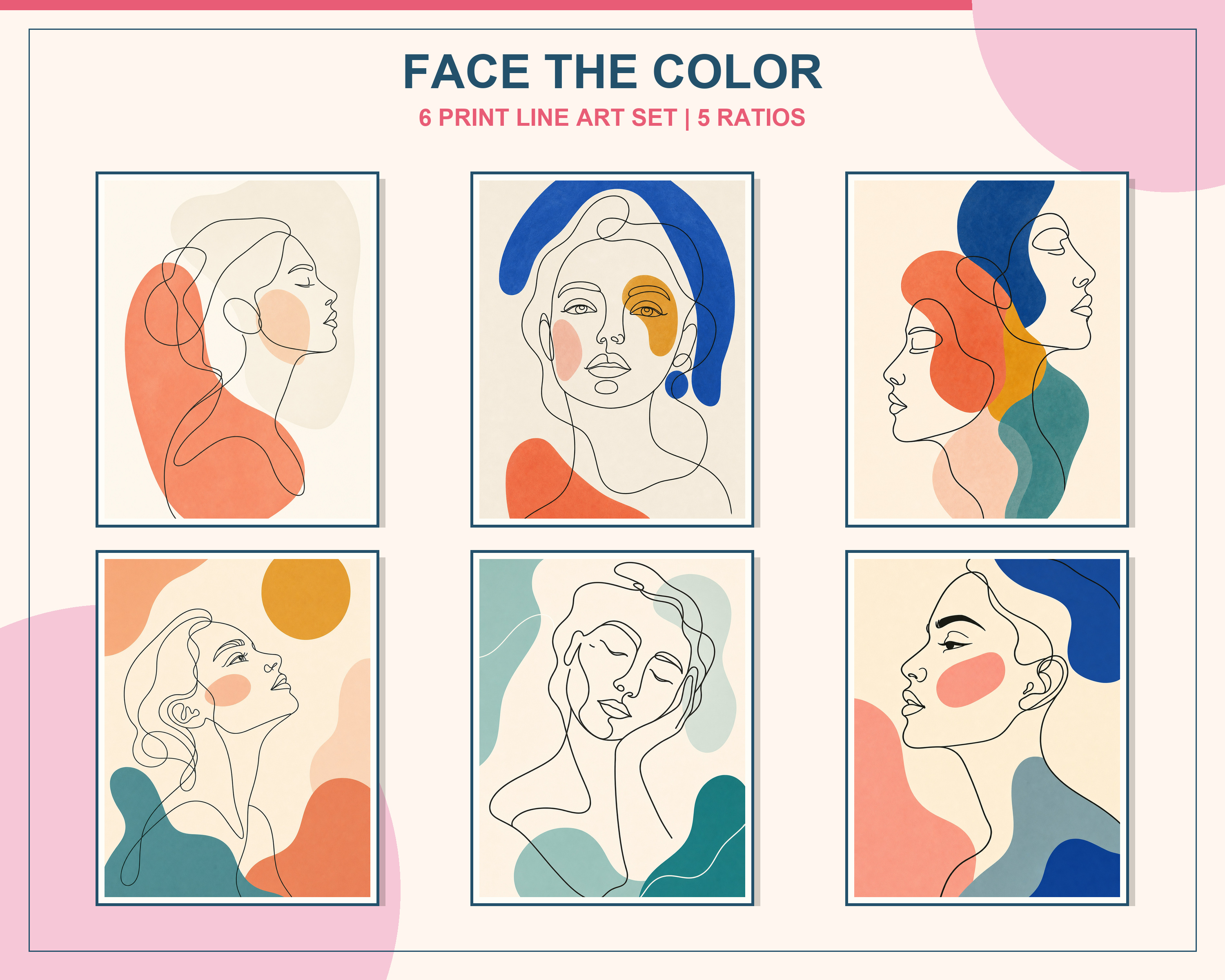 Modern Colorful Line Art Faces Print Set shown as a coordinated framed gallery wall