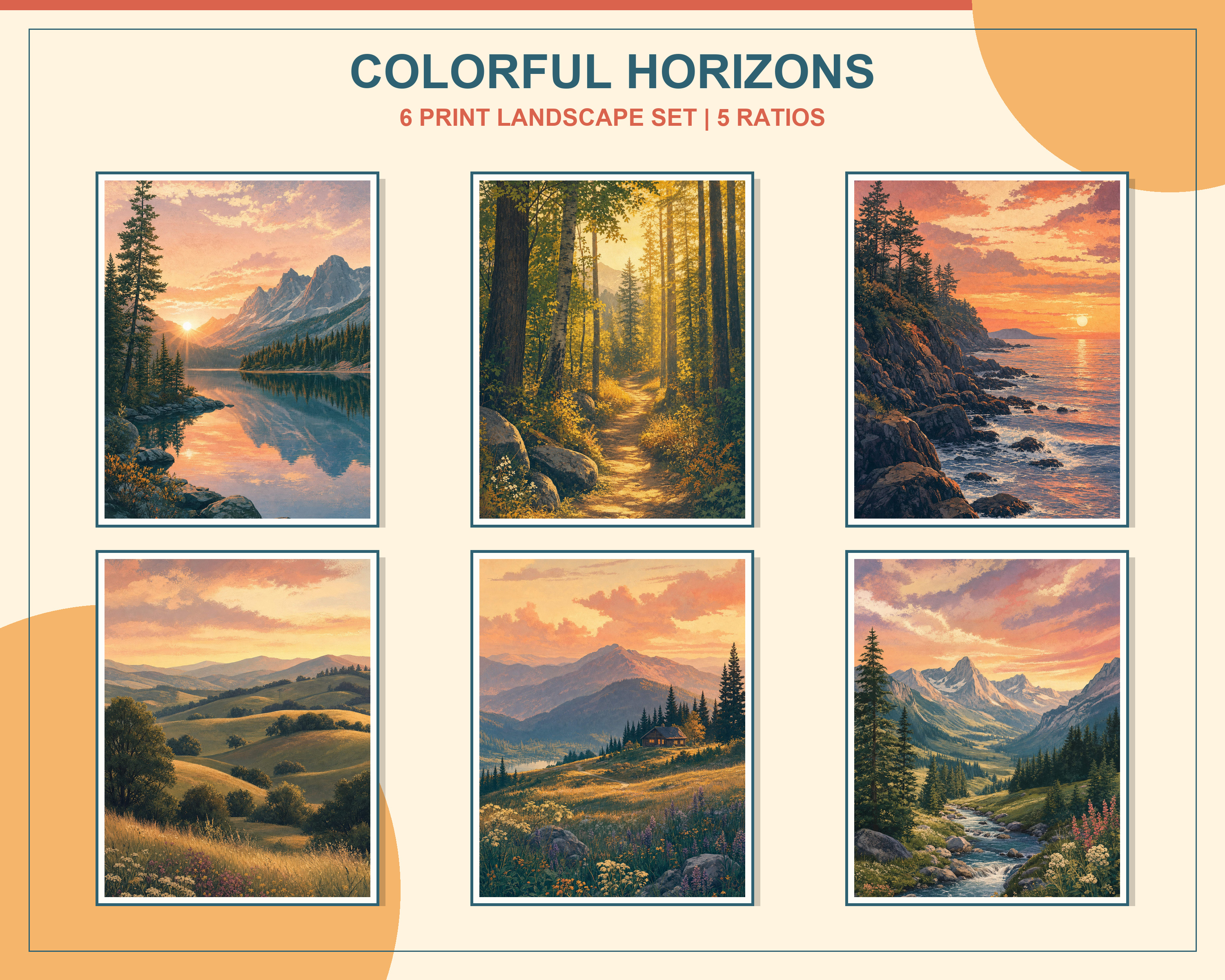 Vintage-Inspired Colorful Landscape Print Collection shown as a coordinated framed gallery wall