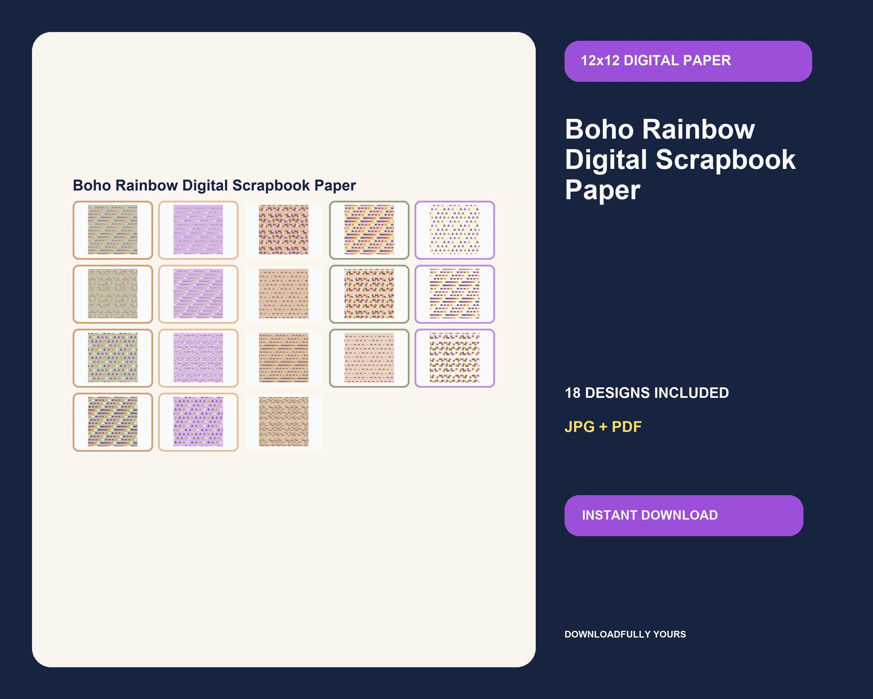 Boho Rainbow Digital Scrapbook Paper - premium digital bundle preview 1 of 10