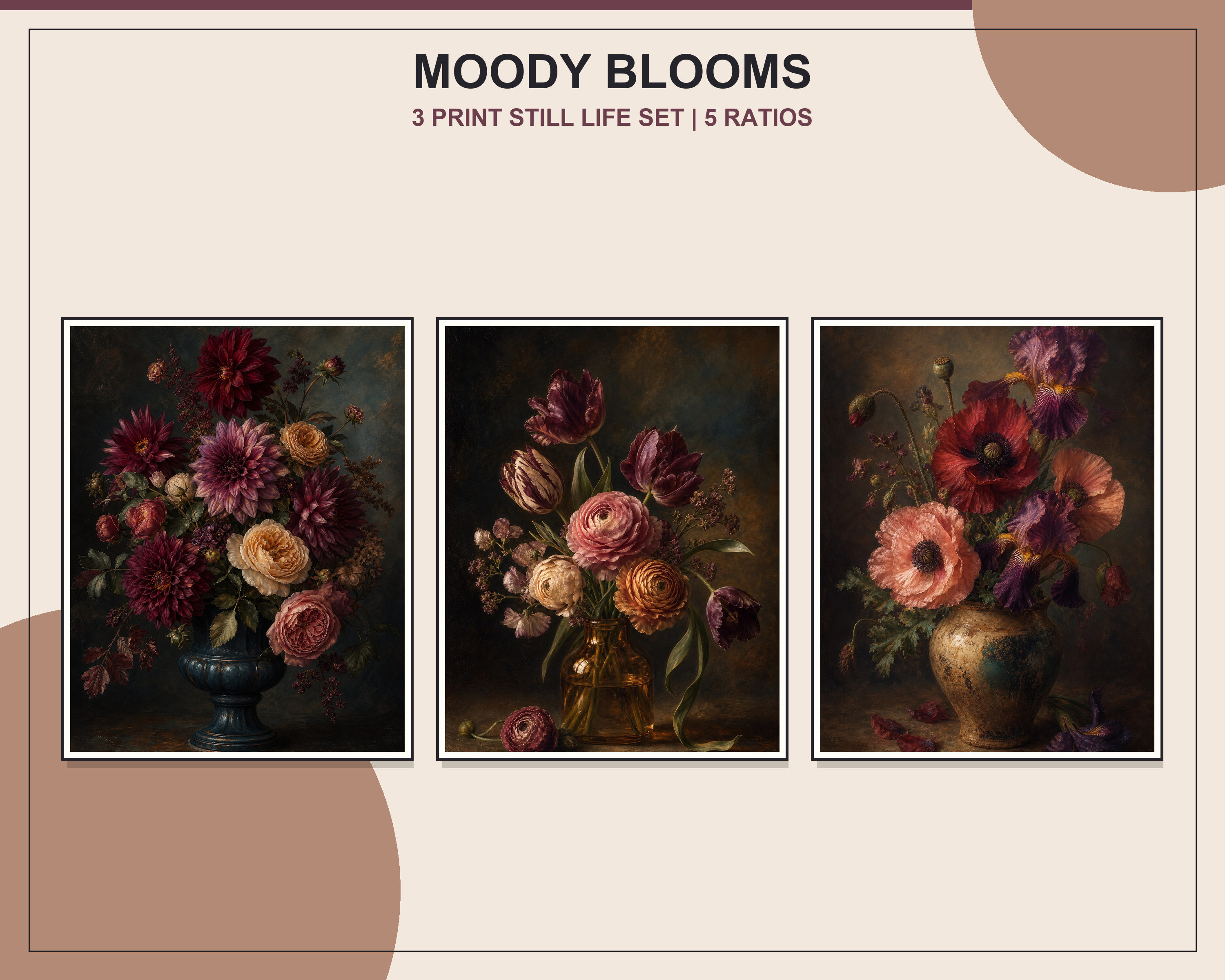 Moody Floral Still Life Printable Wall Art Set displayed in three natural oak frames in a bright organic modern living room