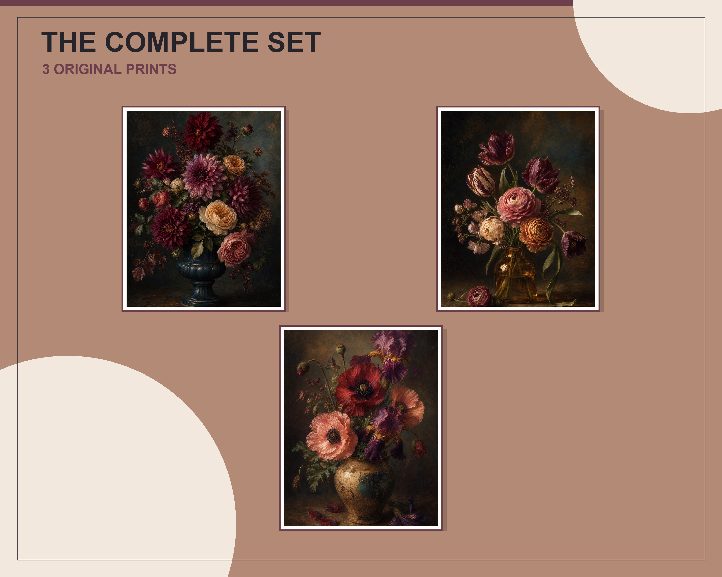 Overlapping preview of all three moody floral still life printable artworks