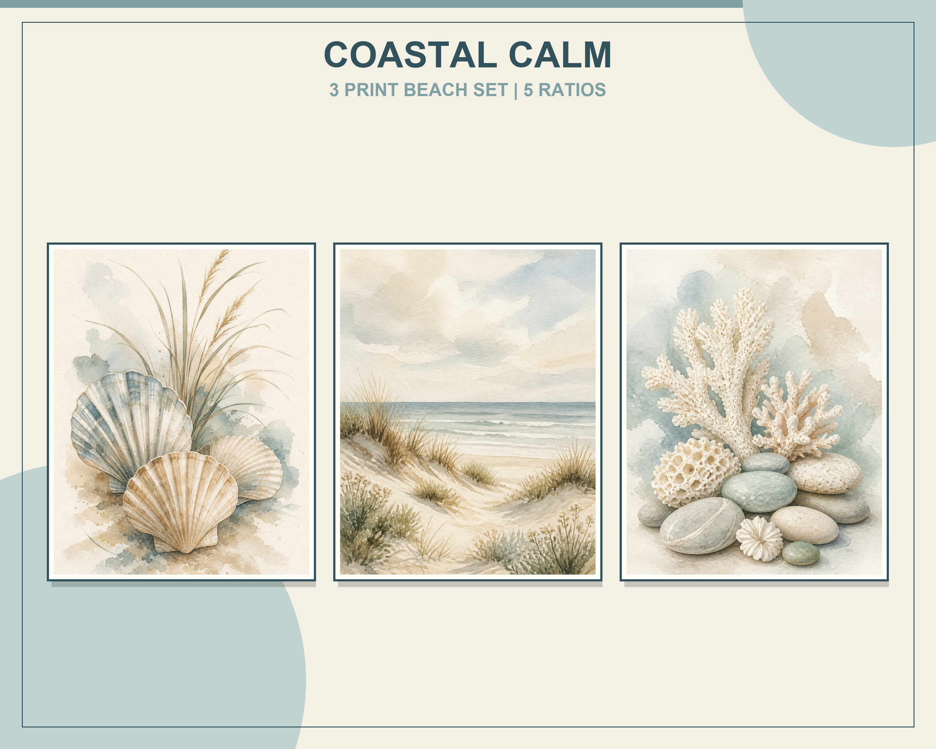 Neutral Coastal Beach Printable Wall Art Set displayed in three natural oak frames in a bright organic modern living room