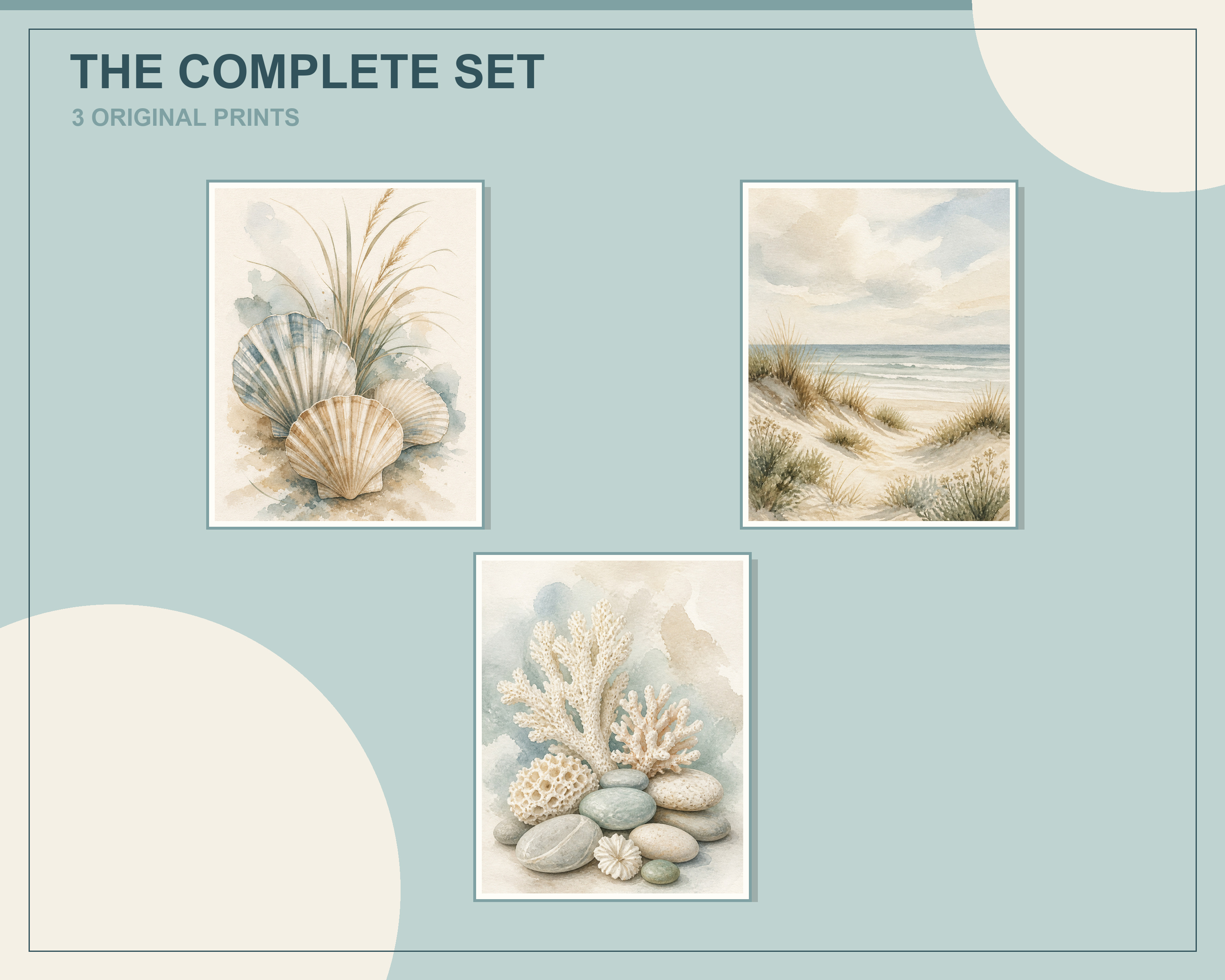 Overlapping preview of all three neutral coastal beach printable artworks