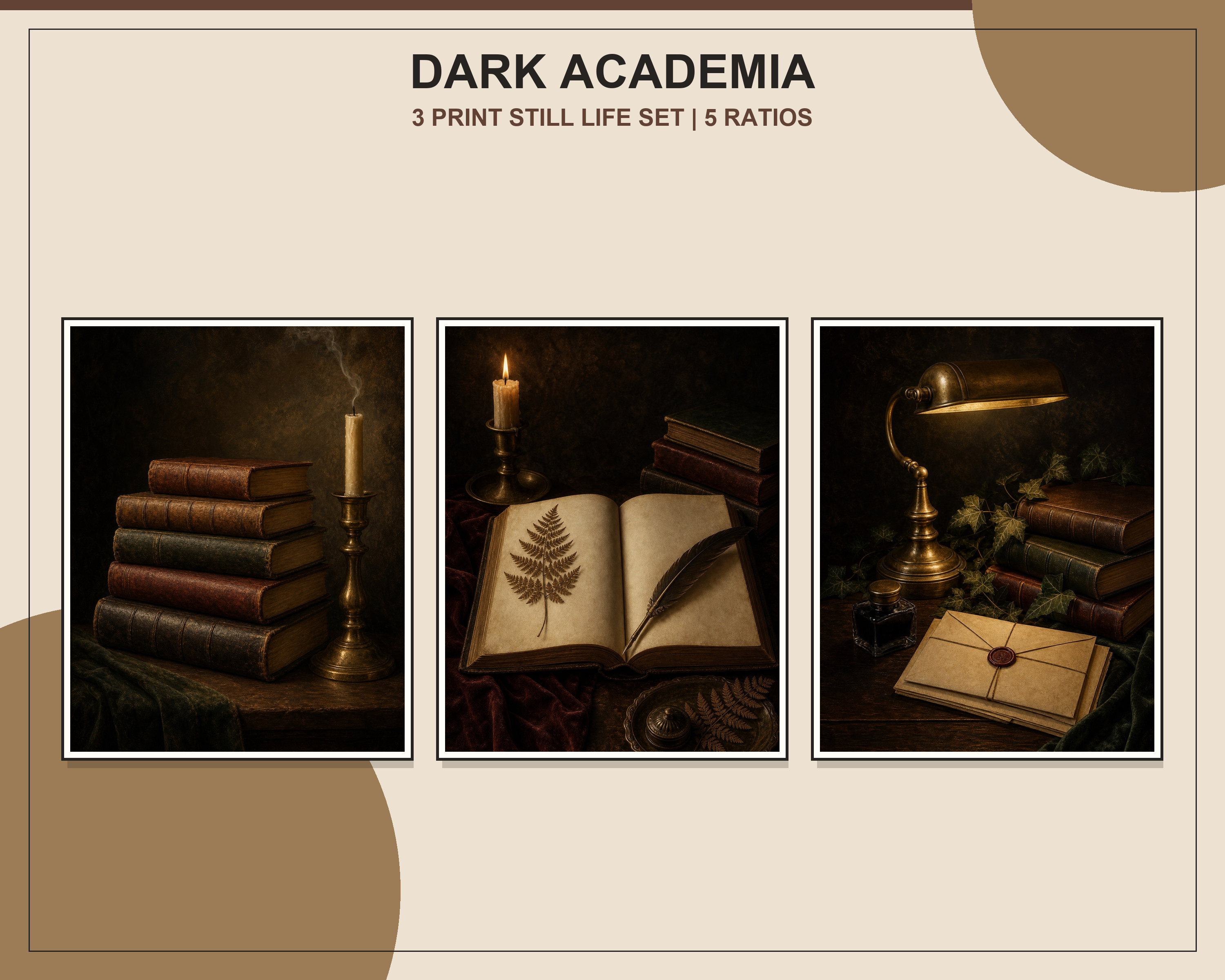 Dark Academia Vintage Still Life Printable Set displayed in three natural oak frames in a bright organic modern living room