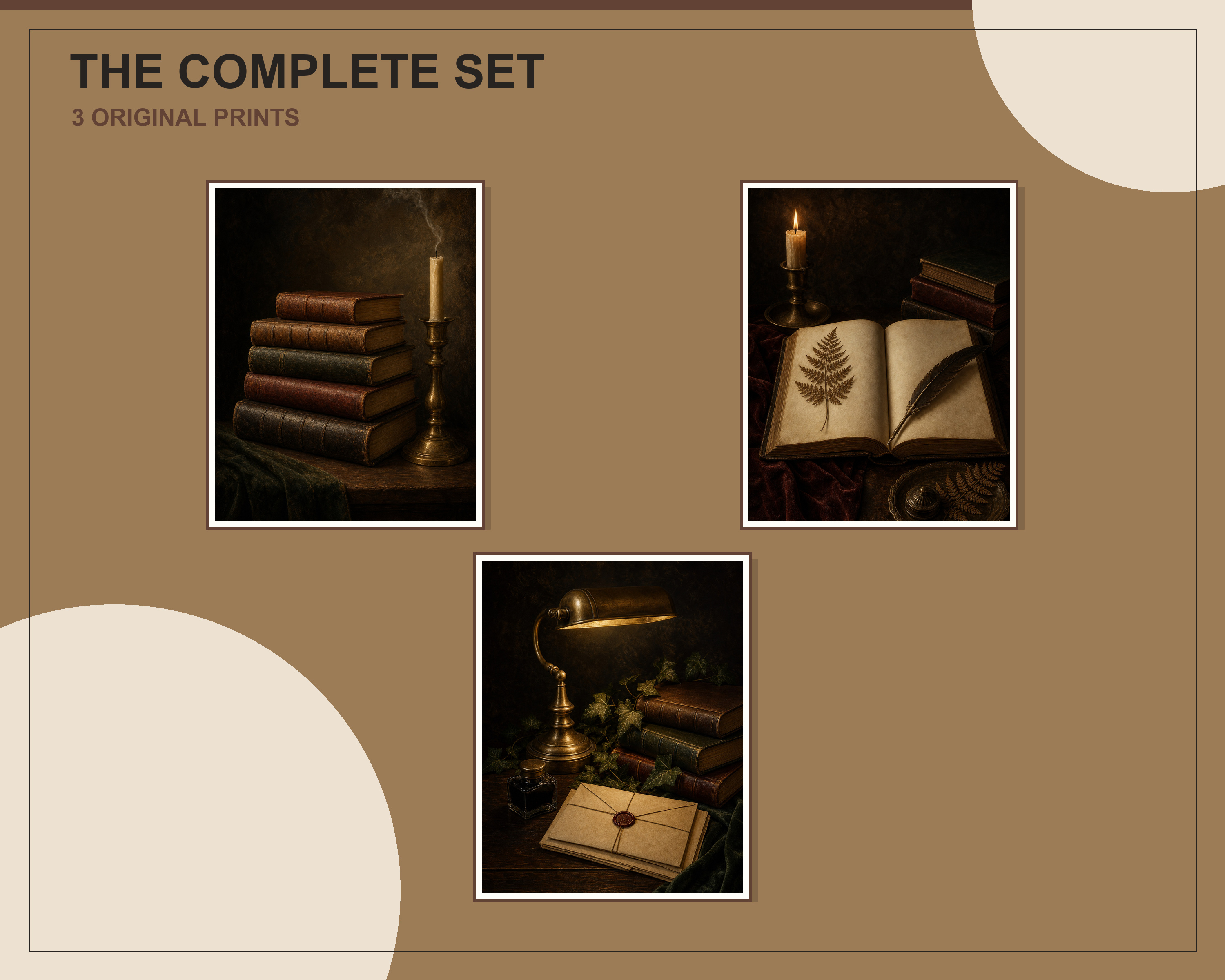 Overlapping preview of all three dark academia still life printable artworks