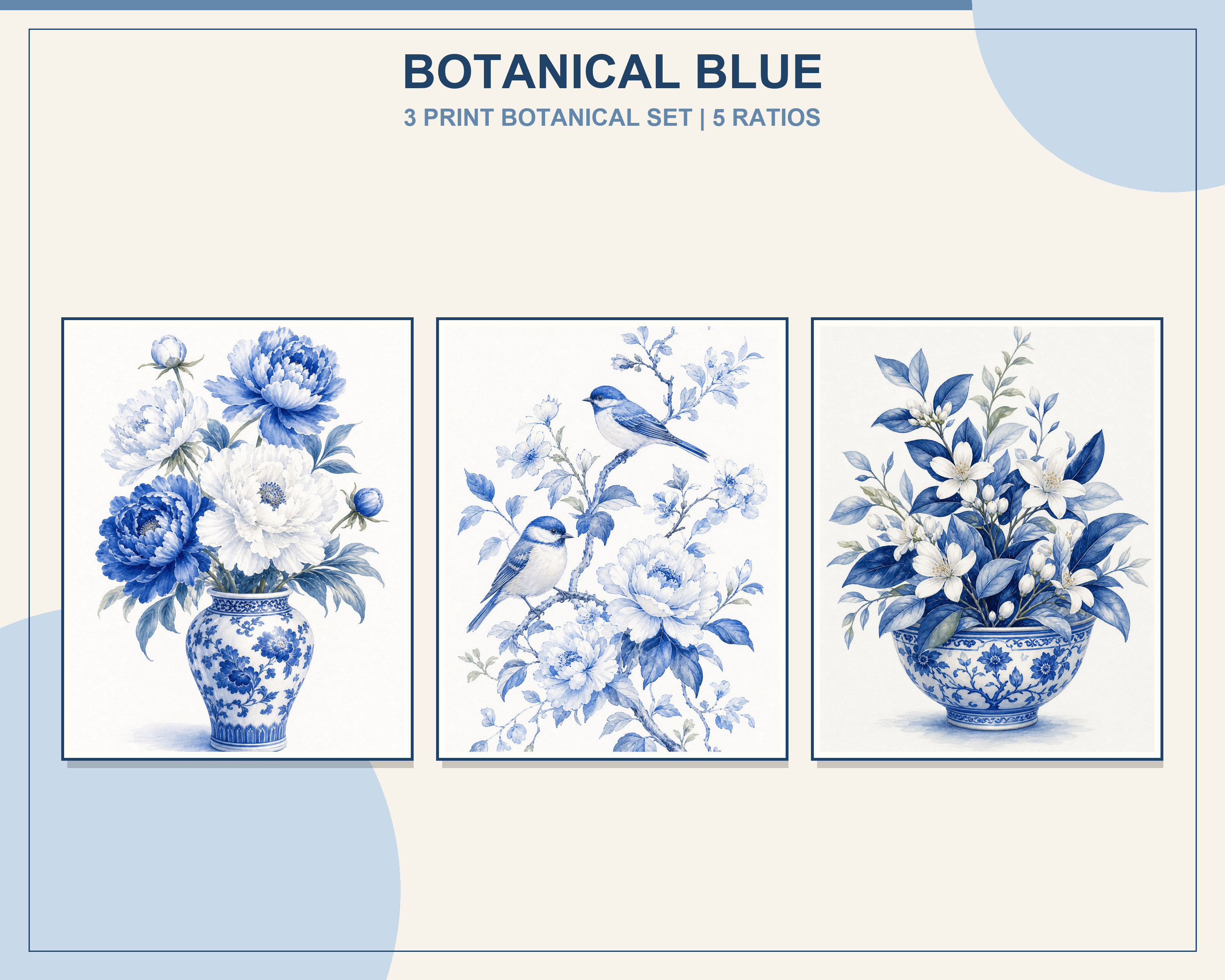 Blue and White Botanical Printable Wall Art Set displayed in three natural oak frames in a bright organic modern living room