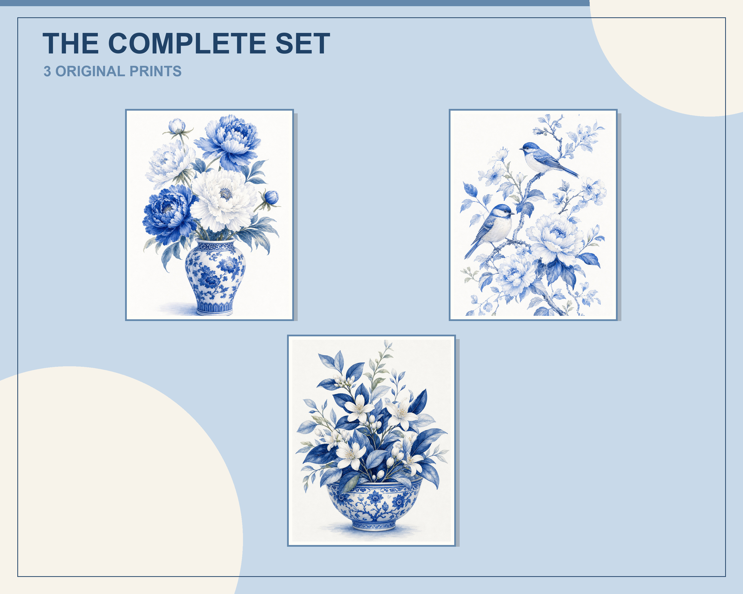 Overlapping preview of all three blue and white botanical printable artworks