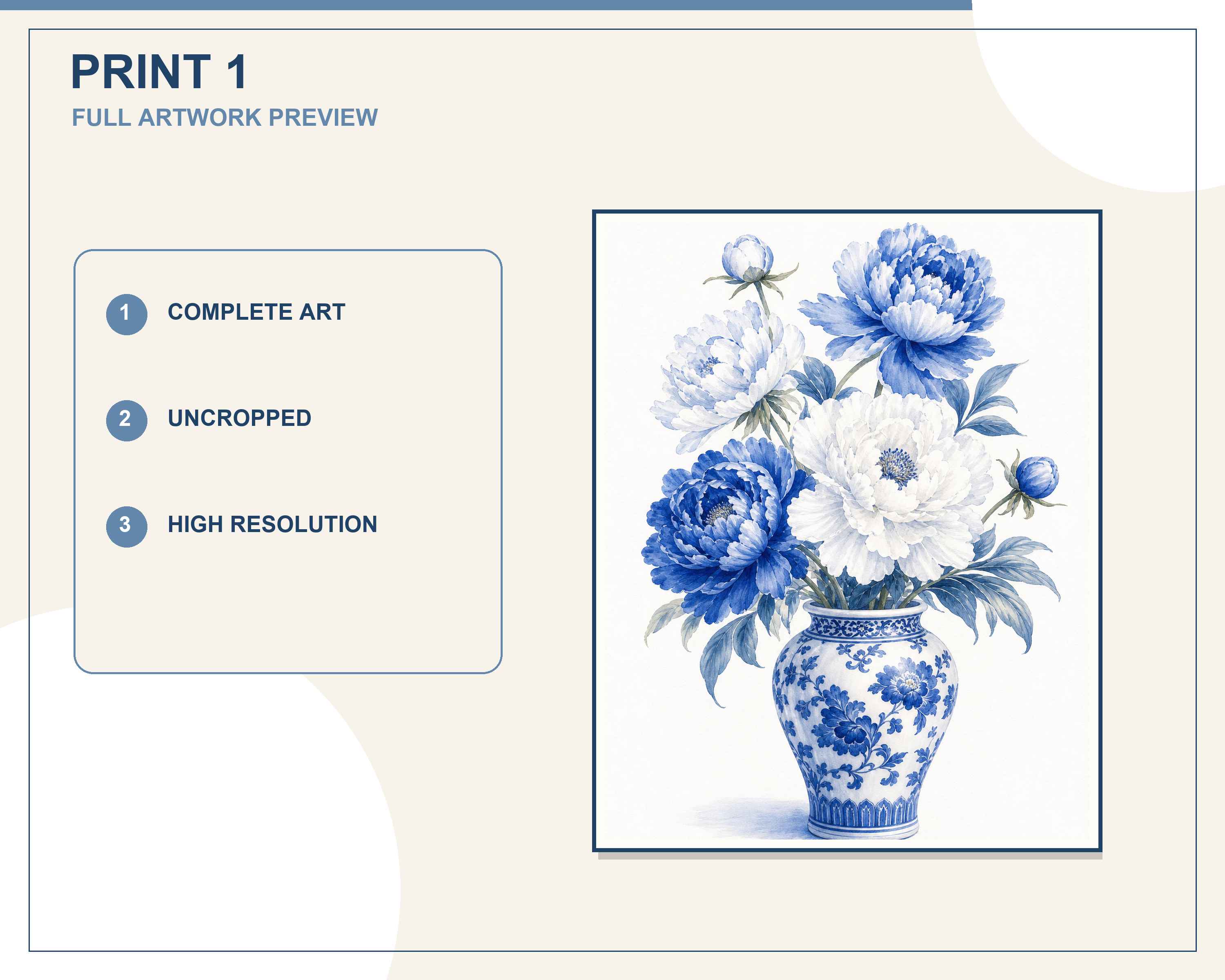 Full coordinated preview of the three blue and white botanical wall-art prints