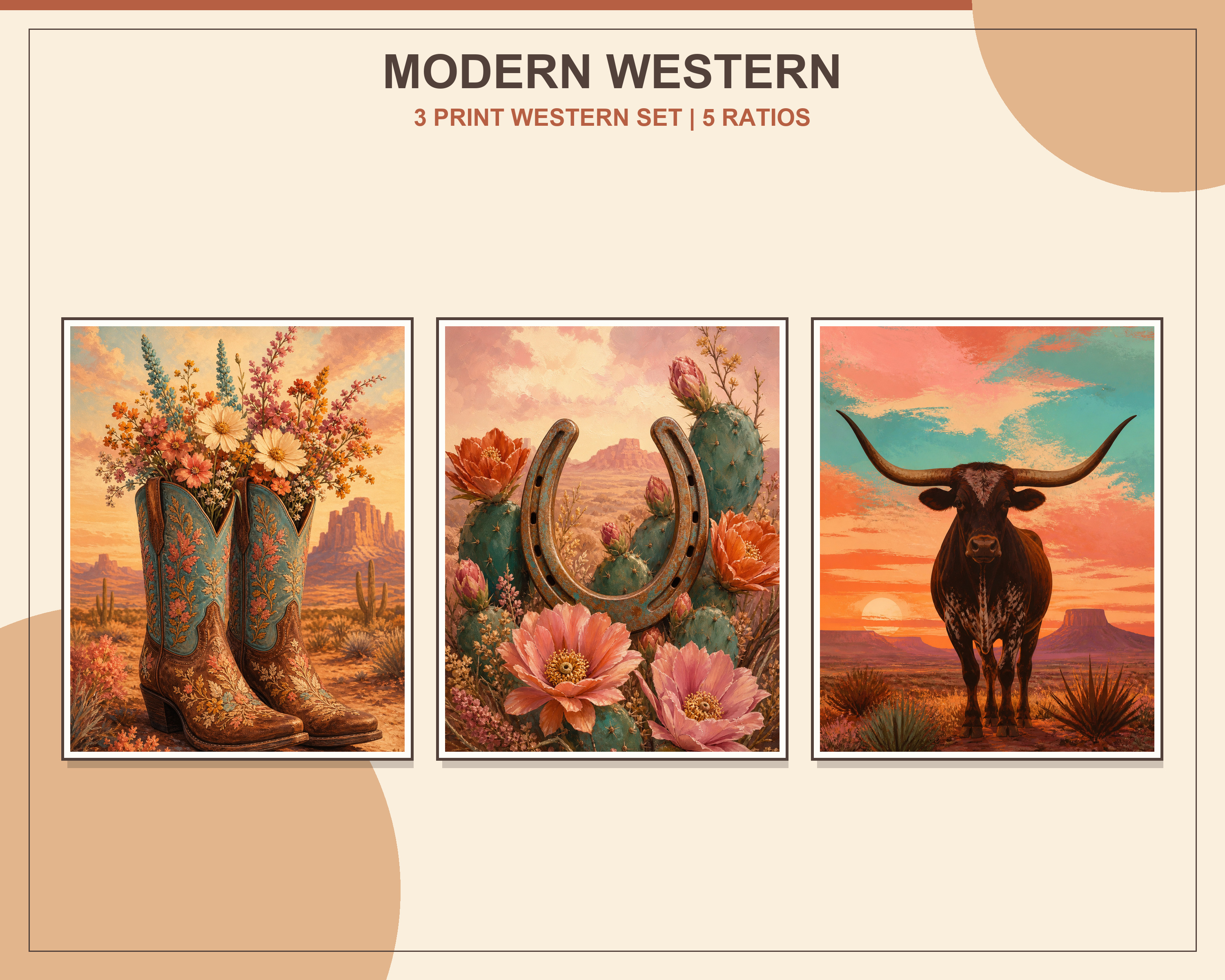 Modern Western Cowgirl Printable Wall Art Set displayed in three natural oak frames in a bright organic modern living room
