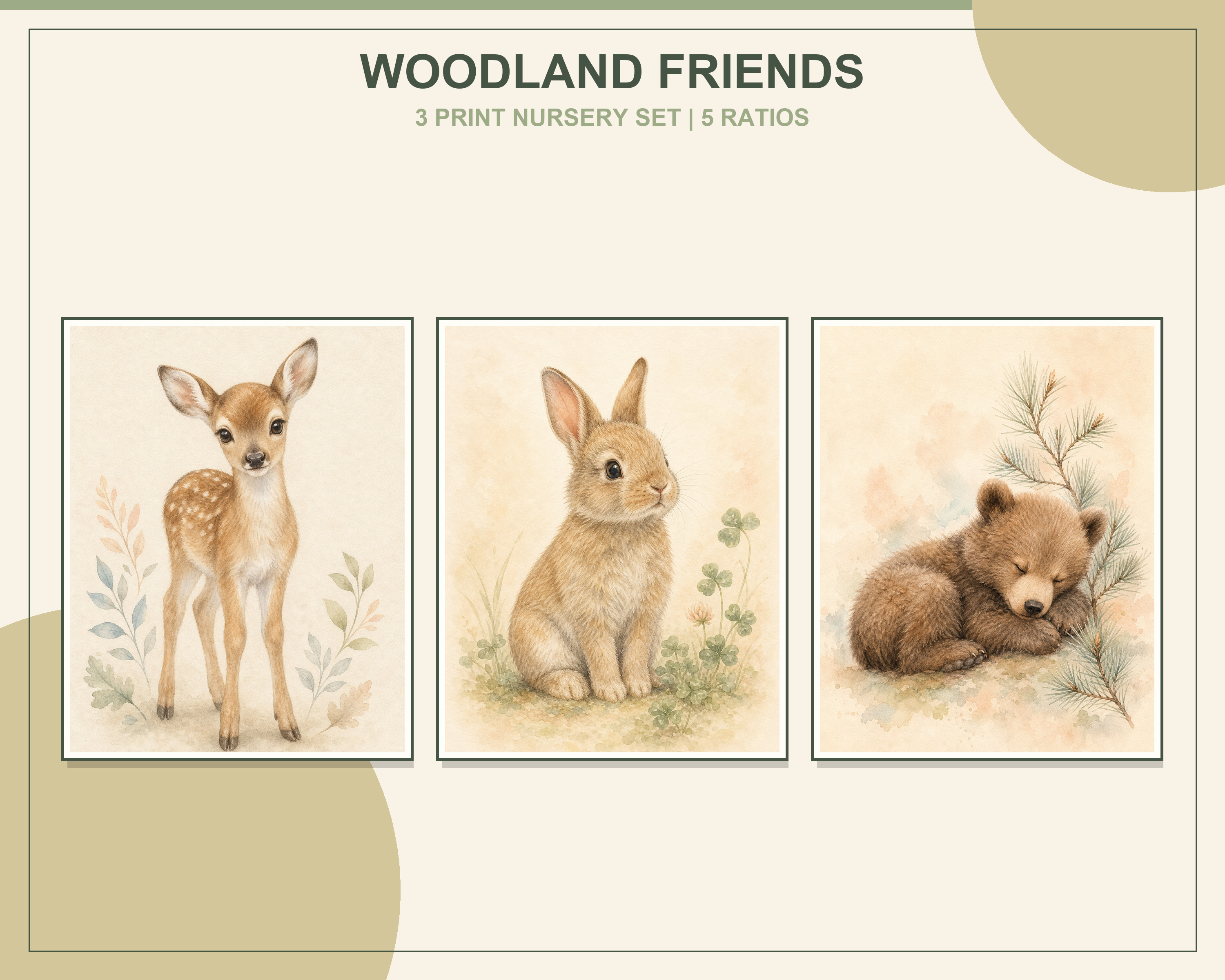 Woodland Nursery Animal Printable Wall Art Set displayed in three natural oak frames in a bright organic modern living room