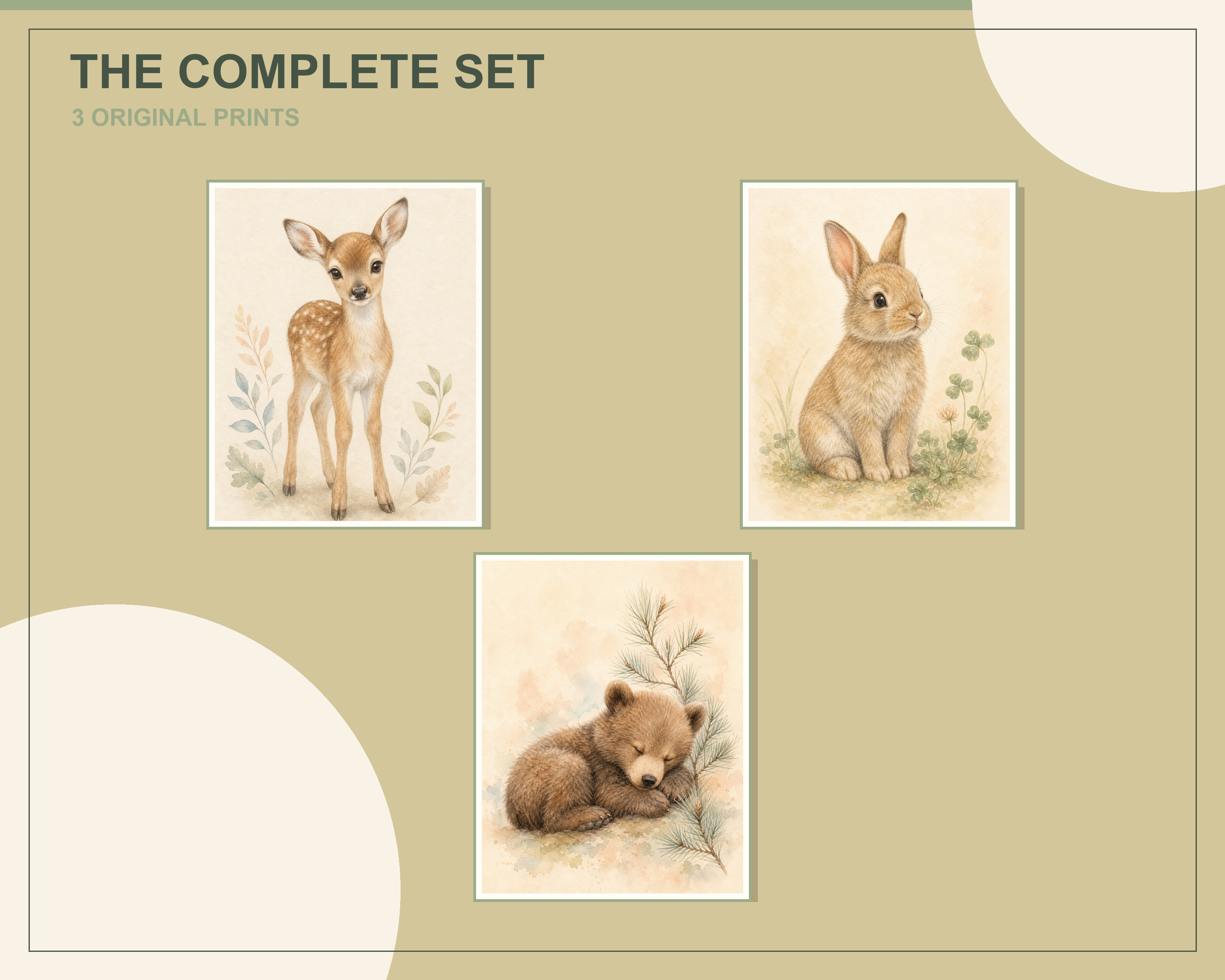 Overlapping preview of all three woodland nursery animals printable artworks